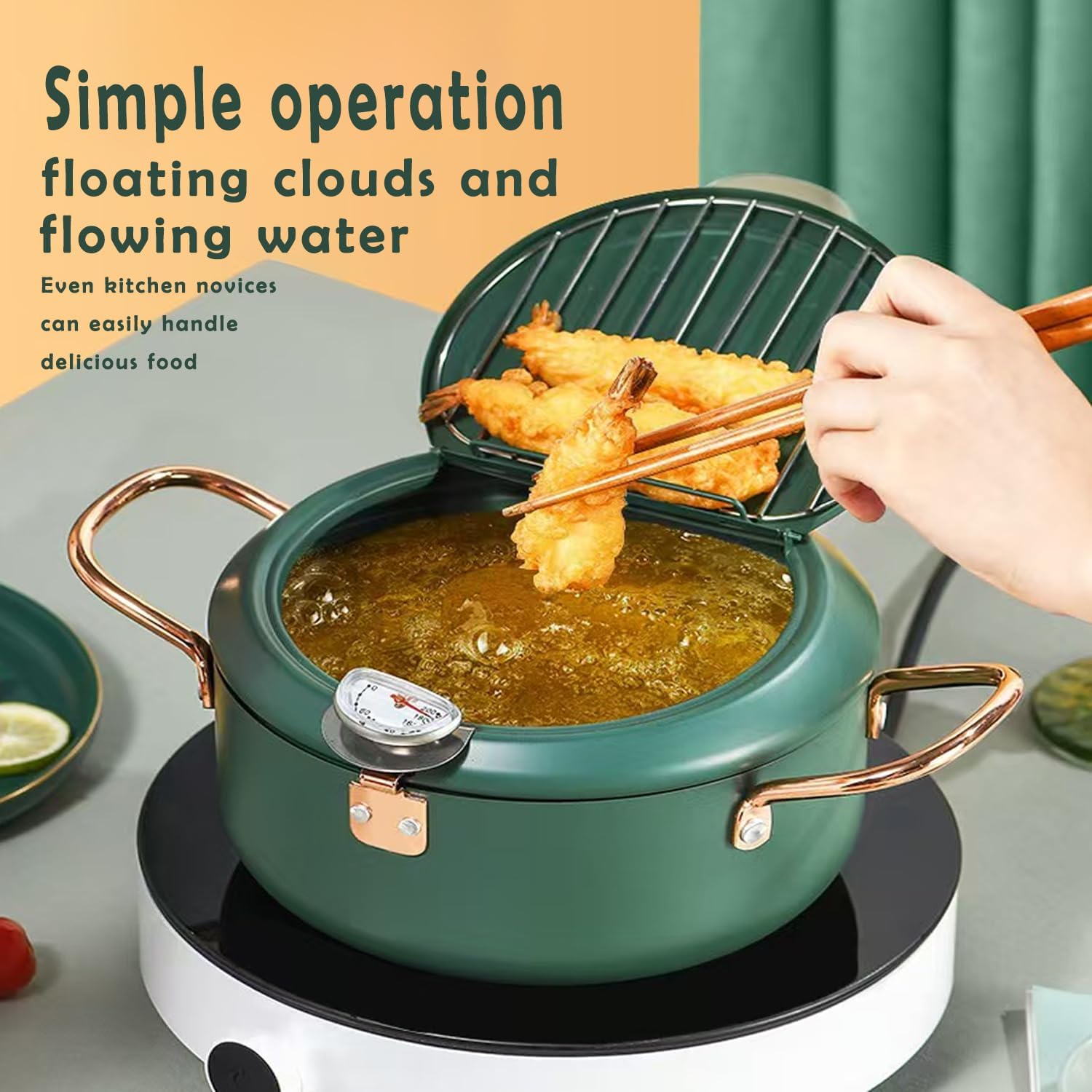 3.5L Stainless Steel Deep Fryer Pot 9.8in with 4 sets, Reduced Splashing Grate Japanese Tempura Thermometer Frying Pot