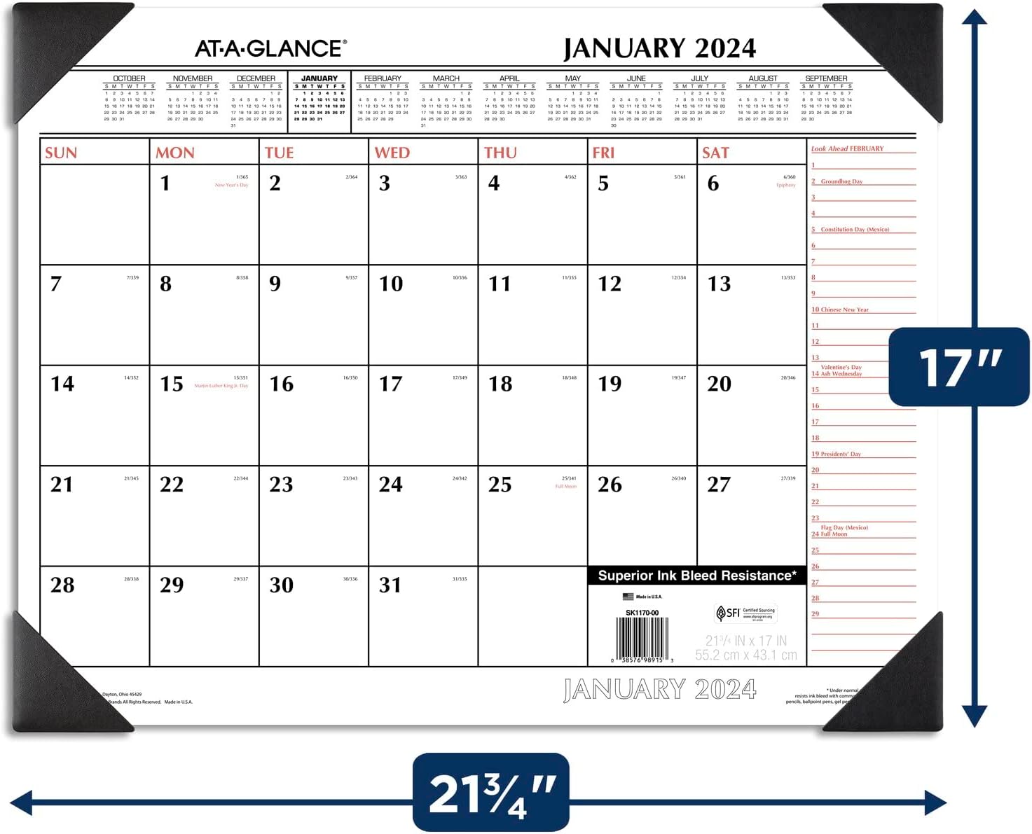 AT-A-GLANCE 2024 Desk Calendar, Monthly Desk Pad, 21-3/4" x 17", Standard, Two-Color (SK11700024)