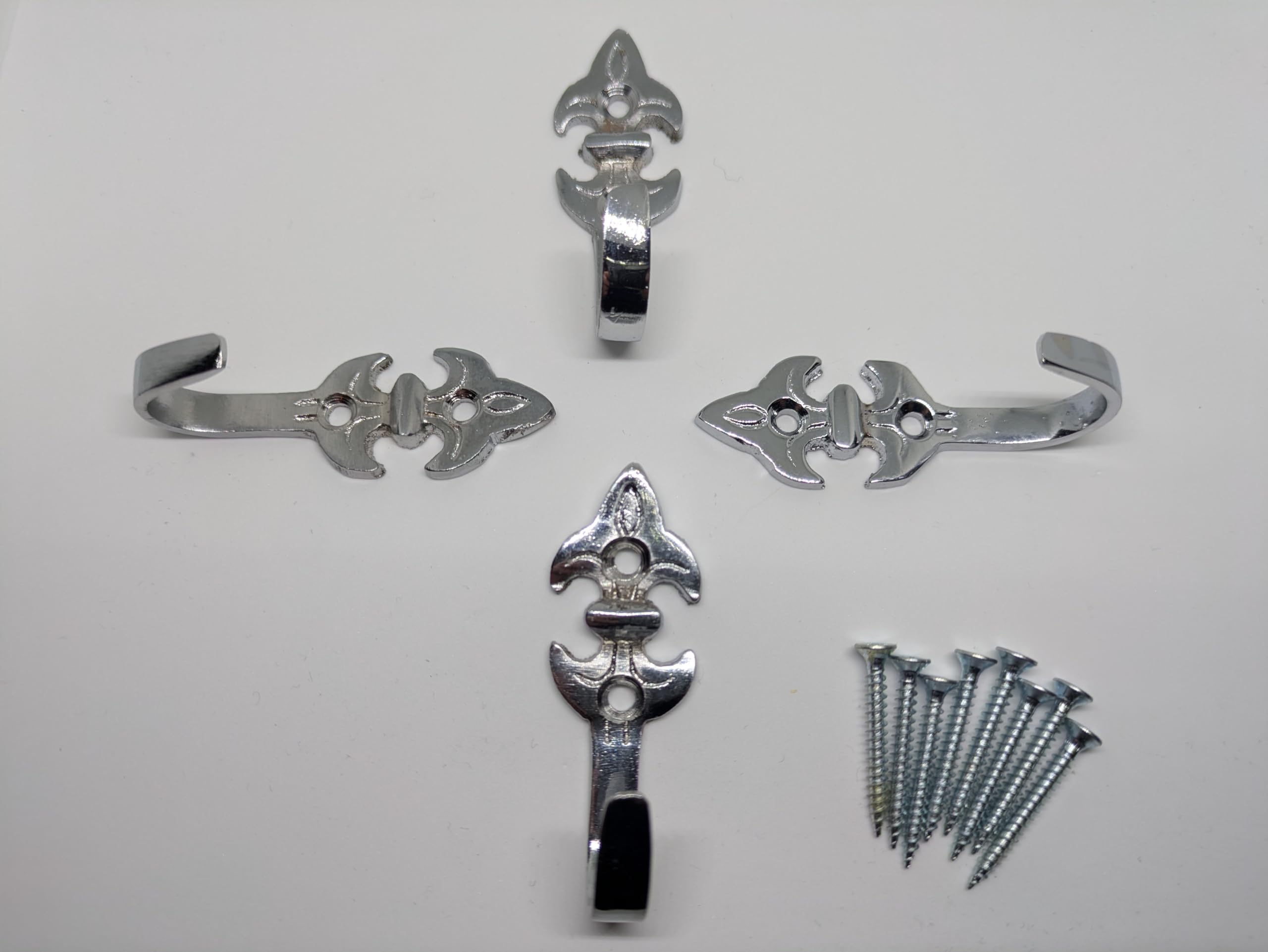 CyberSunrise Decorative Wall Hooks Set, Fleur-de-lis Design, Chrome Finish, 4 Hooks with Mounting Screws