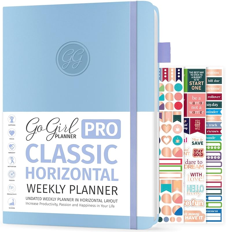 GoGirl Planner PRO - Undated Horizontal Layout Weekly Planner and Organizer + Budgeting and Expense Tracking Pages, Goals Journal & Agenda, 7" x 10" Hardcover, Lasts 1 Year - Periwinkle