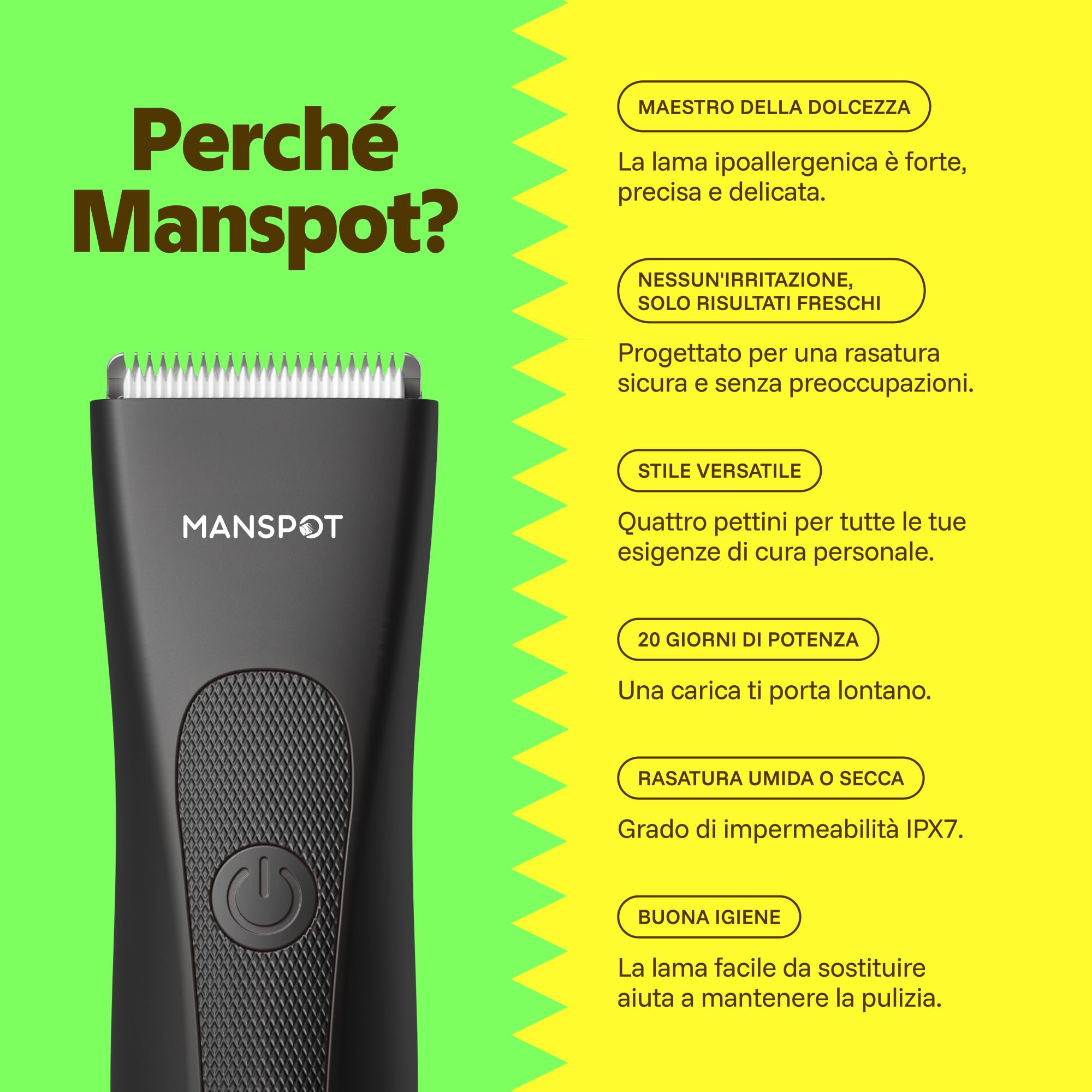 MANSPOT Rasoio Elettrico Corpo Uomo, Depilatore con Lama in Ceramica | Ipoallergenico, IPX7 Impermeabile Wet & Dry, 4 Pettini Guida per Parti Intime, Zone Sensibili, Barba, Braccia, Gambe, Ascelle