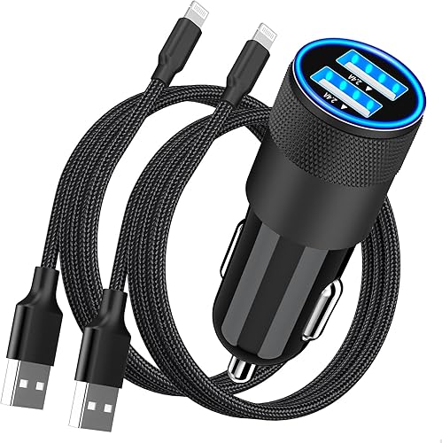 MFi CertifiediPhone Car Charger Fast Charging, Rombica 4.8A Dual USB Smart Power Cigarette Lighter USB Car Charger with 2Pack Lightning Braided
