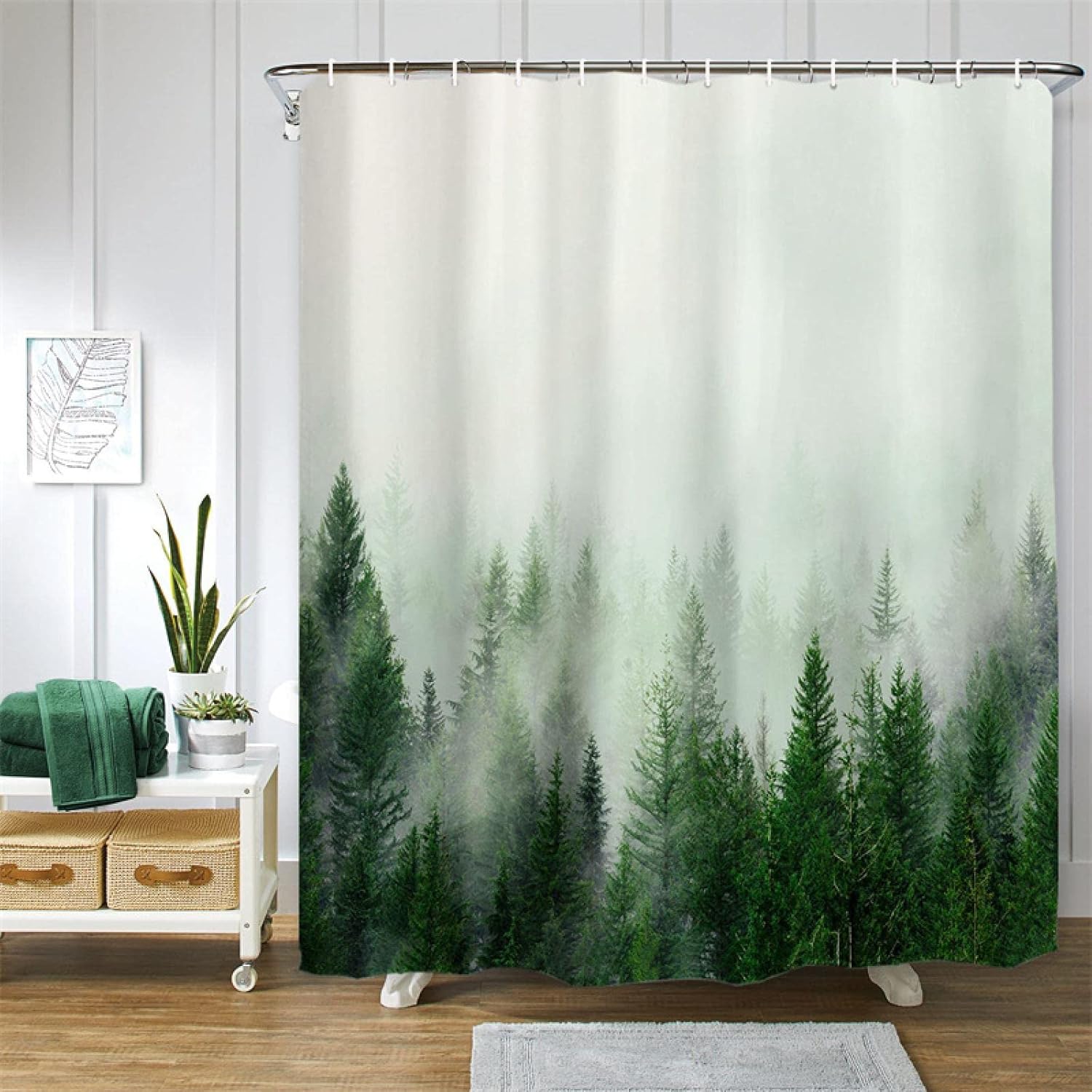 Misty Forest Green Shower Curtain Print Tree Extra Long Shower Curtain Liner Bath Curtain with Hooks Shower Curtain for Bathroom 69x74in-174x188cm/WxH