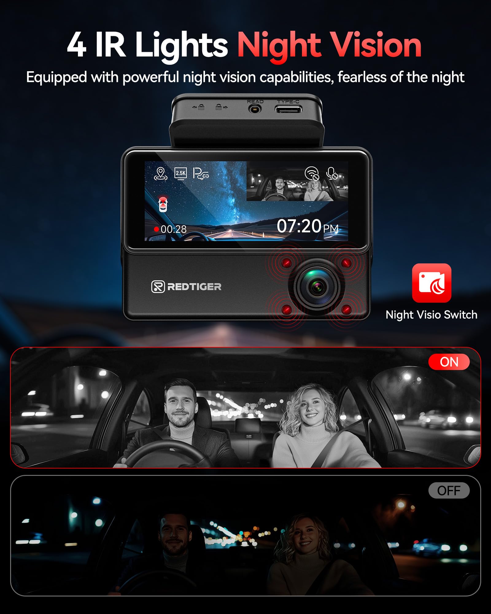 REDTIGER 530° 3-kanałowy, 2,5K+2,5K+1080P wideorejestrator samochodowy z kartą 128 GB, noktowizor IR, ekran dotykowy, wideorejestrator do przodu, wnętrza i tyłu, WiFi, GPS, 24H tryb parkowania