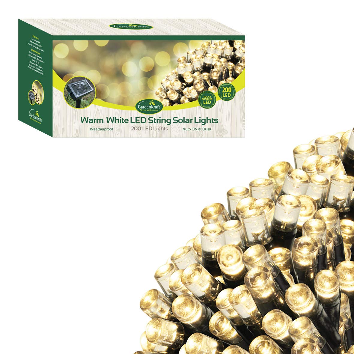 GardenKraft 17610 200 Warm White Solar Powered Outdoor LED String Lights / 19.9m Coverage / IP44 Weatherproof / Auto-On / Garden, Weddings, BBQs, Parties