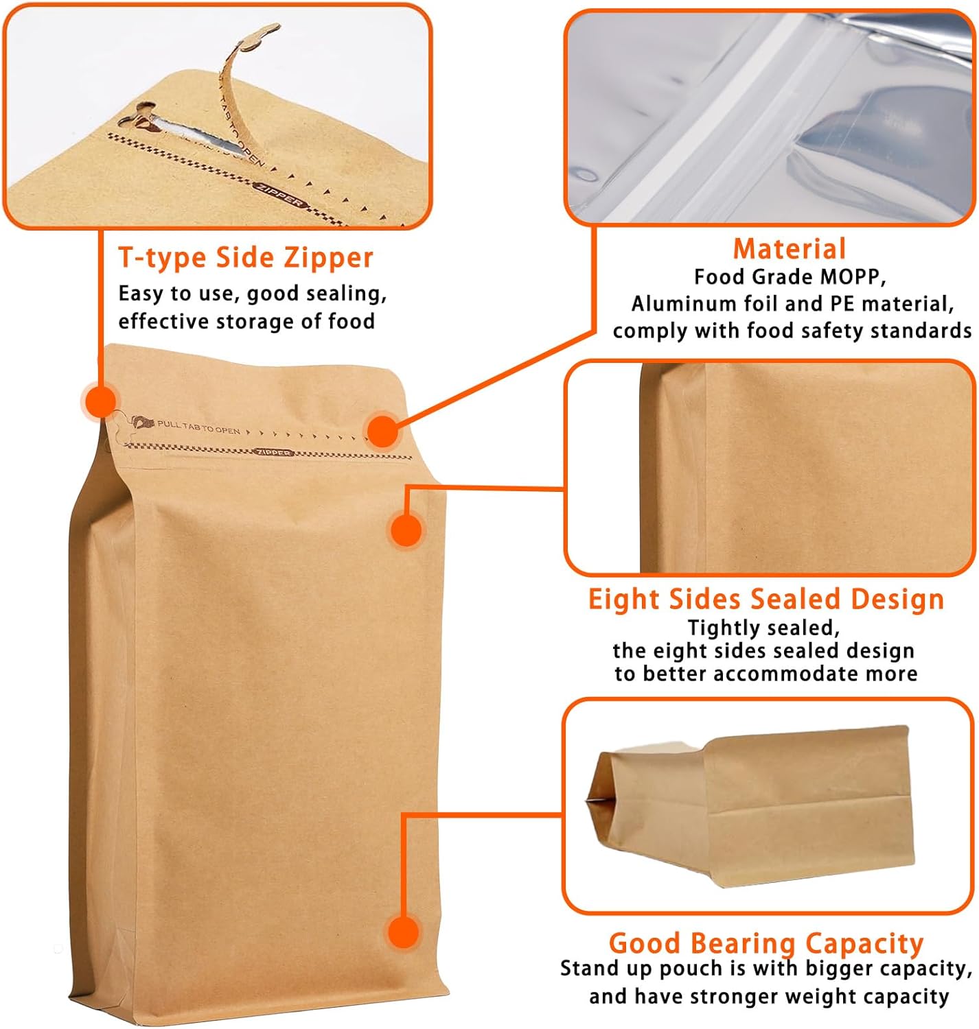 Coffee Bags without Valve (50 PCS,32oz/2lb) Kraft Paper High Barrier Aluminum Foil Flat Bottom Standing Coffee Beans Storage Packaging Bags, Reusable Heat Seal Side Zipper Pouches for Small Business