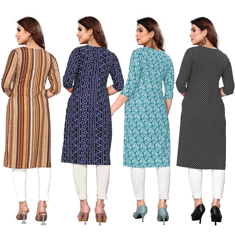 Image of JAKHANA Women's Crepe Printed Casual Straight Calf Length Round Nick Kurta Pack of 4