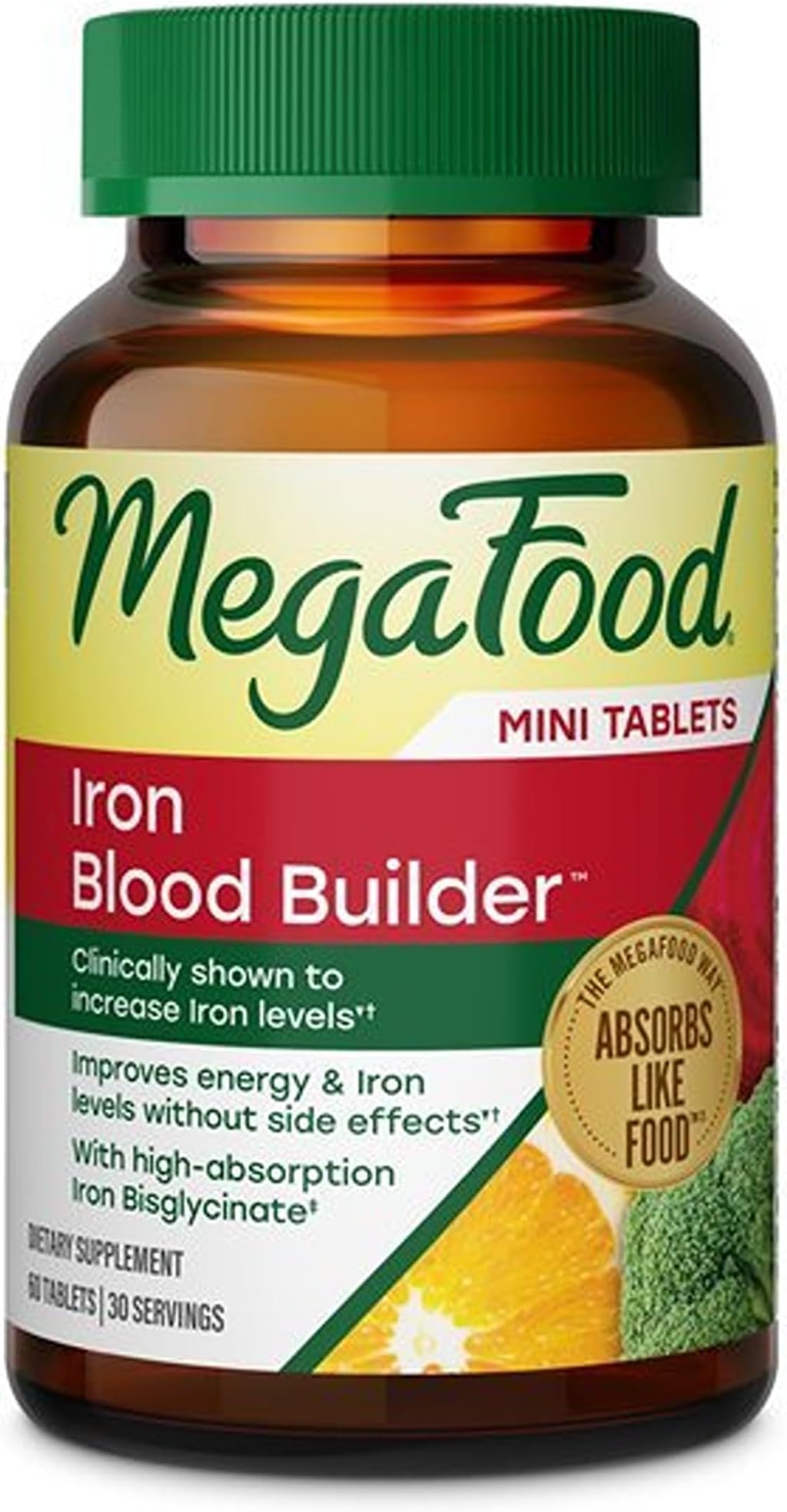 MegaFood Blood Builder Iron Supplement, Energy Support, 60 Mini Tablets | Increase Iron Levels Without Side Effects, Improves Energy Levels, B12, Folic Acid and Vitamin C for Absorption, 30 Servings
