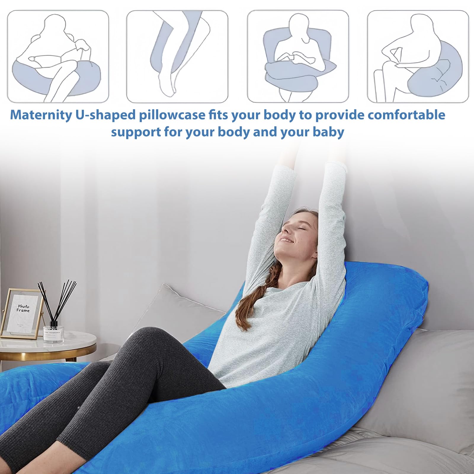 Funda de almohada de embarazo, en forma de U, funda de almohada para el cuerpo, funda de repuesto para cojín de lactancia, cojín cómodo, lavable a máquina, 140 x 80 cm, azul oscuro