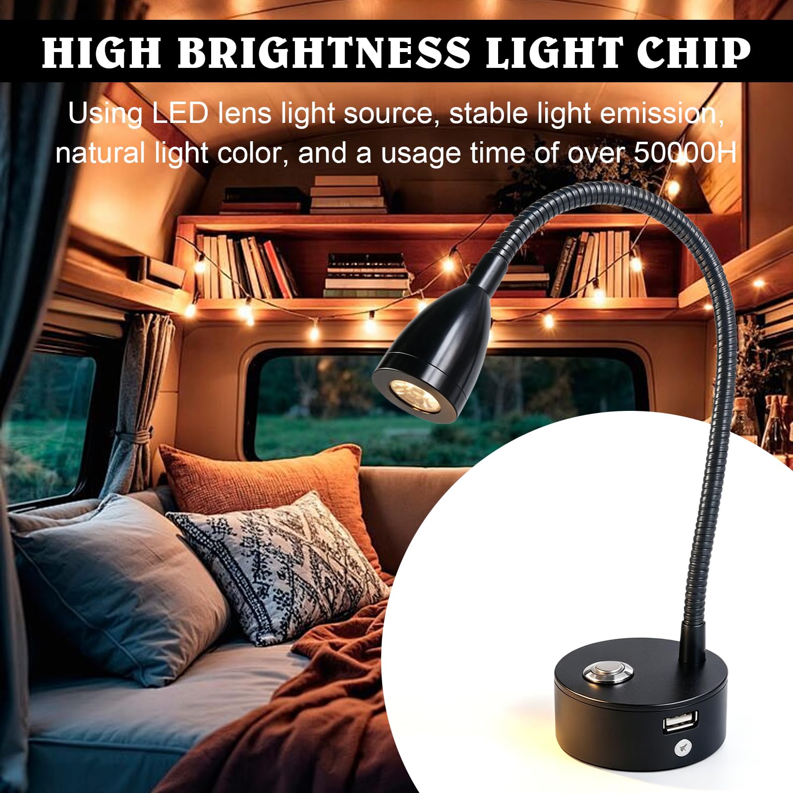 BYZESTY - Lámpara de lectura LED de 12 V, lámpara LED de 12 V, lámpara de lectura LED de 12 V, camping, lámpara de lectura de 12 V LED para autocaravanas y caravanas, 3 temperaturas, puerto USB