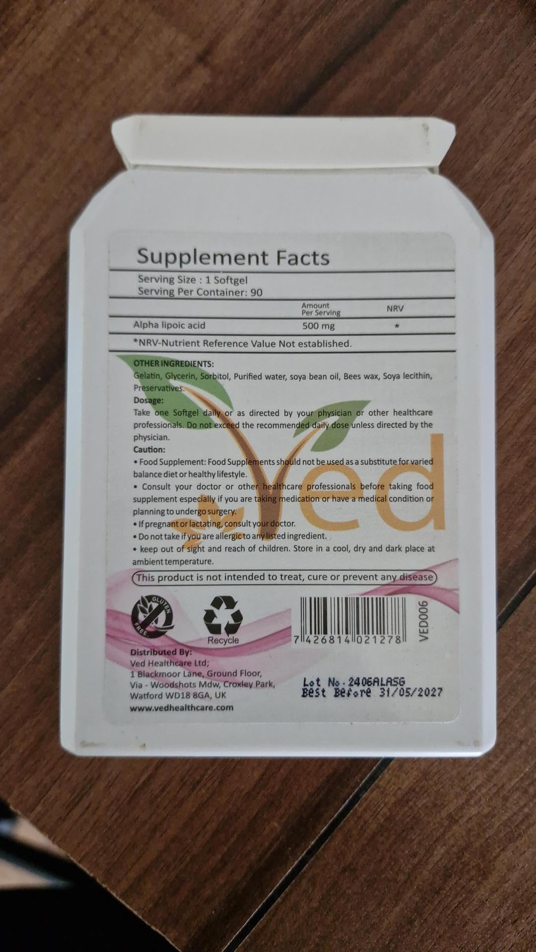 Acide alpha-lipoïque Ved | Sans OGM, sans gluten | Aide à maintenir le niveau de sucre dans le sang | 500 mg, 90 gélules (paquet de 2)