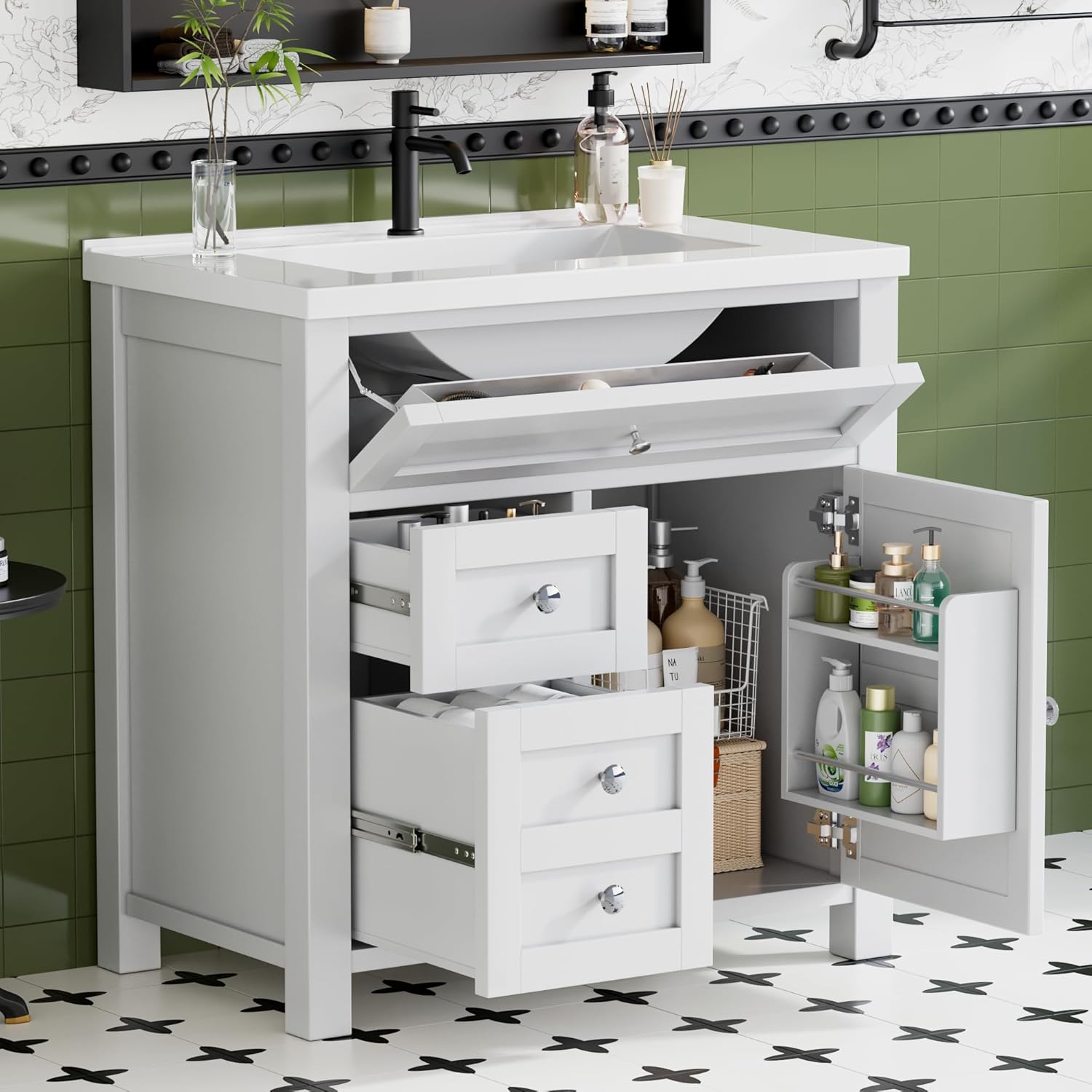 JUMMICO 30'' Bathroom Vanity with Single Sink Combo, Freestanding Modern Bathroom Sink Cabinet, 2 Drawers & 1 Flip-Down Drawer＆1 Door with Side Storage (White)