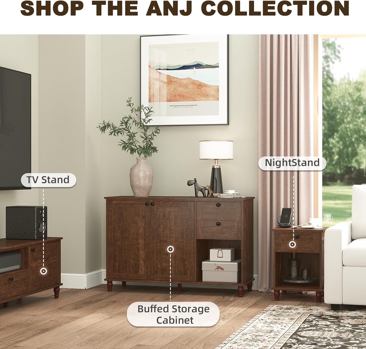 ANJ 47‘’ TV Stand for Living Room, Mid-Century Modern TV Console with Storage Cabinet, Wooden Television Furniture for Living Room, Entertainment Center with Ample Large Storage Space
