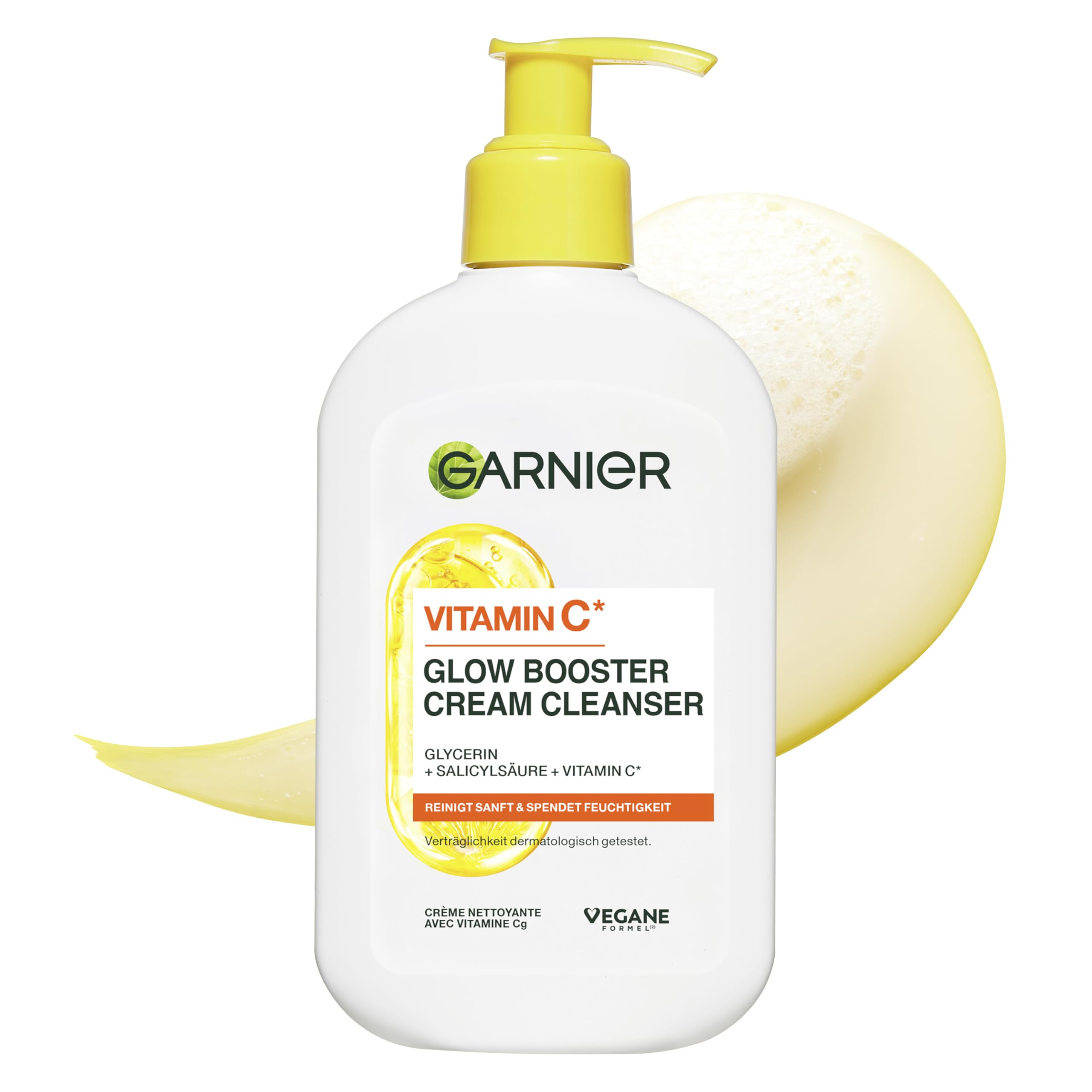 Garnier Gesichtsreinigung für fahle, unebenmäßige Haut, Reinigend und feuchtigkeitsspendend, Mit Vitamin C und Glycerin, Vegane Formel, Glow Booster Cream Cleanser Vitamin C, SkinActive, 250 ml