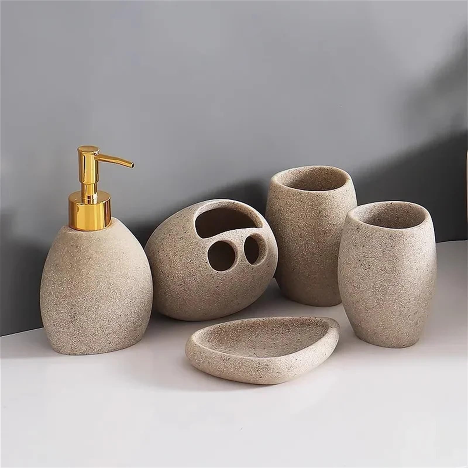 Dispensador de Jabon Set de artículos baño, Resina marrón, dispensador jabón, Soporte for Cepillo Dientes, Botella champú, Caja, Pasta