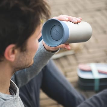 Berghoff LEO 18,10 Stainless Steel Thermal Mug, 0.35 Qt, Blue & Silver | Double Walled Insulated Coffee Tumbler, Leakproof Travel Cup With 360 Degree Push Button Drinking Lid, 3.25 x 7.25 Inches