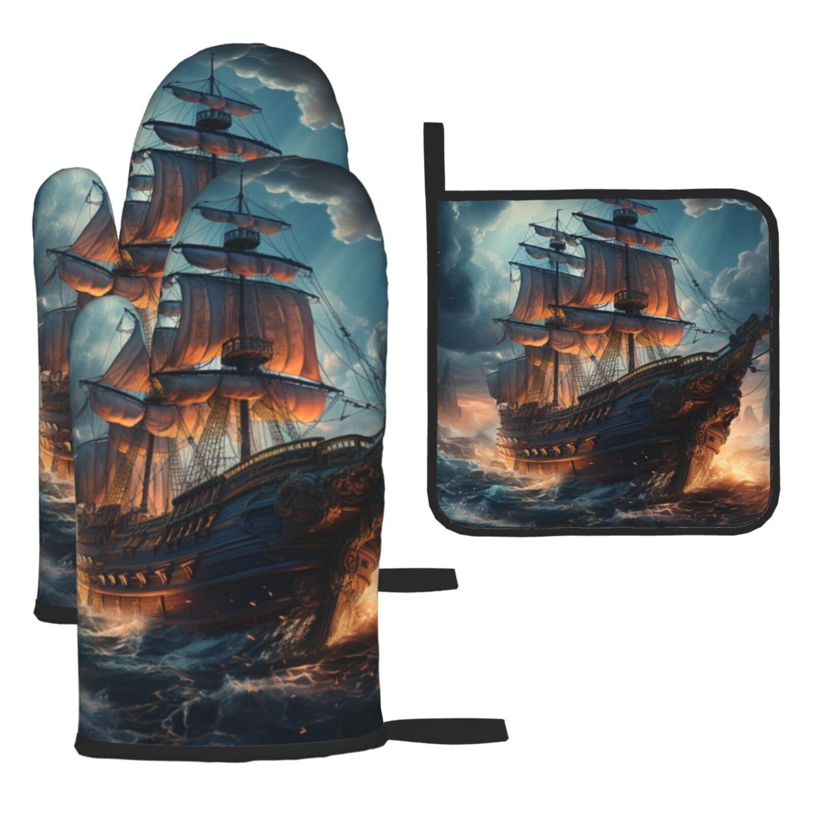 Oven Mitts and Pot Holders Sets of 3 Heat Resistant Kitchen Gloves Pirate boat Oven Mitts BBQ Gloves Oven Gloves and Hot Pads Non-Slip Potholders for Kitchen Baking Cooking