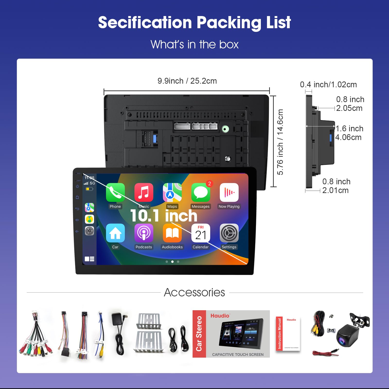 Haudio Radio Coche 2 DIN con CarPlay Inalámbrico y Android Auto,HD Pantalla Táctil de 10.1 Pulgadas,soporta Manos Libres/Mirror Link/AUX|FM/Am y Reproductor de Música,con Cámara de Respaldo