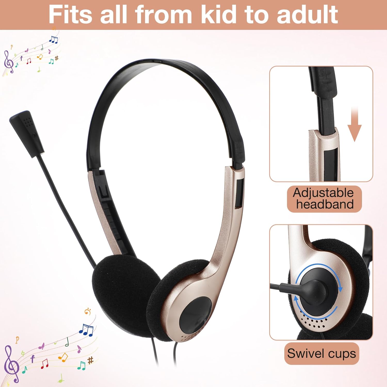 Yunsailing 30 Pack Classroom Headphones with Microphone School Student Headphones Bulk Class Set Lightweight Adjustable Earphones on Ear with 3.5 mm Jack(Rose Gold) - Image 2