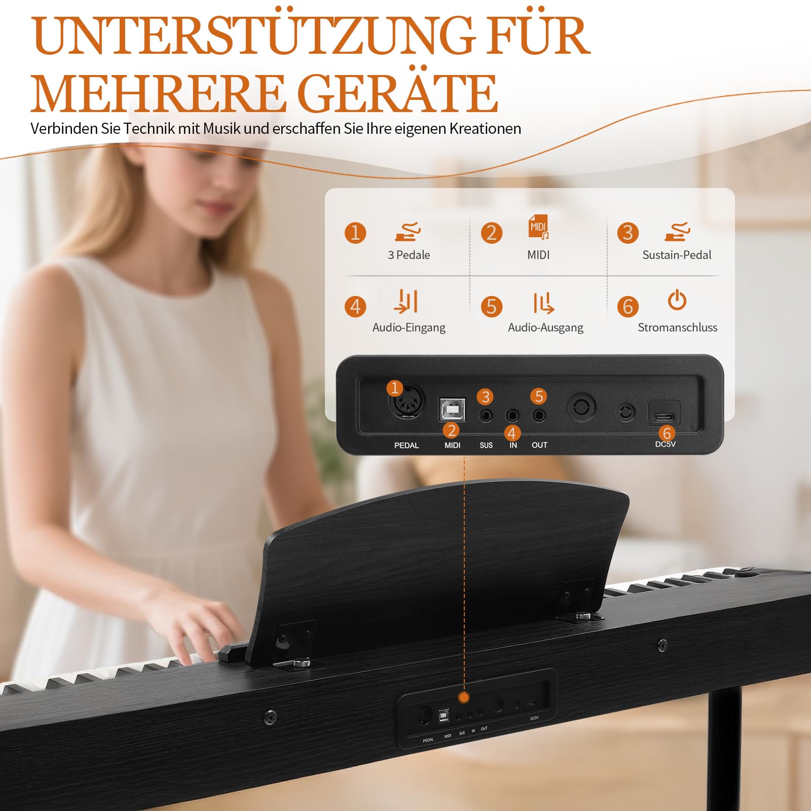 LEADZM 88 Tasten Digitalpiano mit Ständer, Halbgewichtetes E-Piano mit 3 Pedalen, für Anfänger Geeignet (Schwarz)