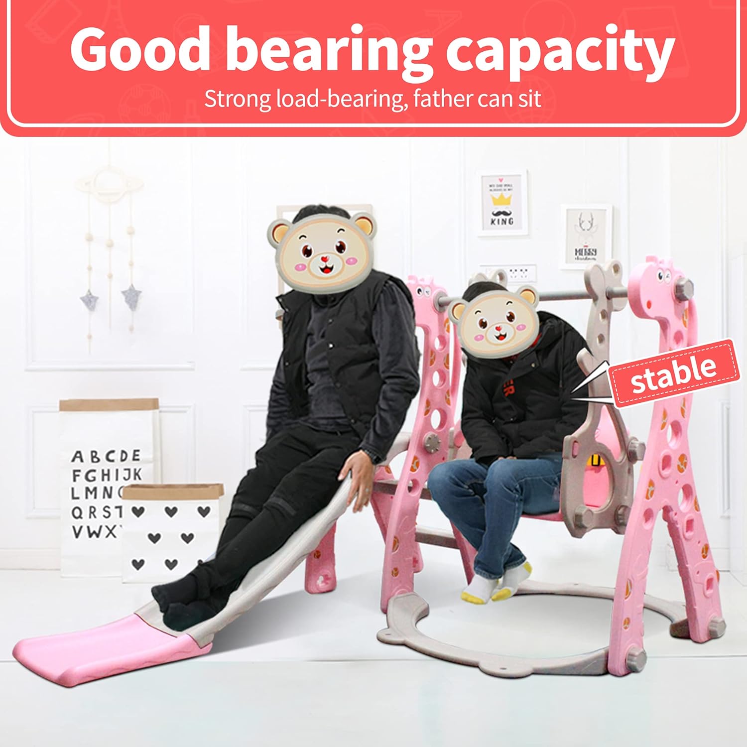 Kids Swing and Slide Set w/ Basketball Hoop & Music Player Kids Fun Slide Set for Indoor and Outdoors Playground Play Set (Giraffe Pink) : Toys & Games