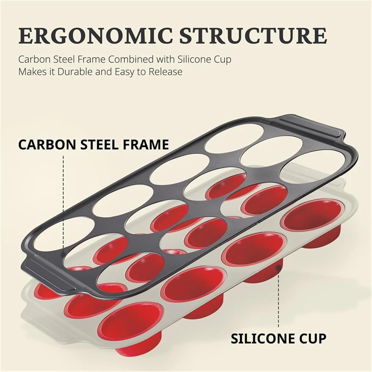 12-Cavity Silicone Muffin Pan With Metal Frame, Nonstick Easy Release Baking Tin for Cupcakes & Muffins