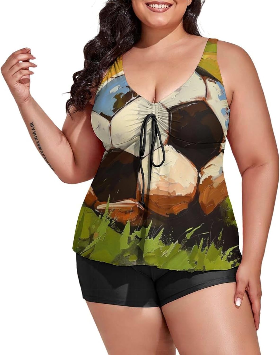 Womens Plus Size Tankini Swimsuit with Top/Boyshorts Symmetrical Geometric Pattern of Greek Key Green White Two Piece