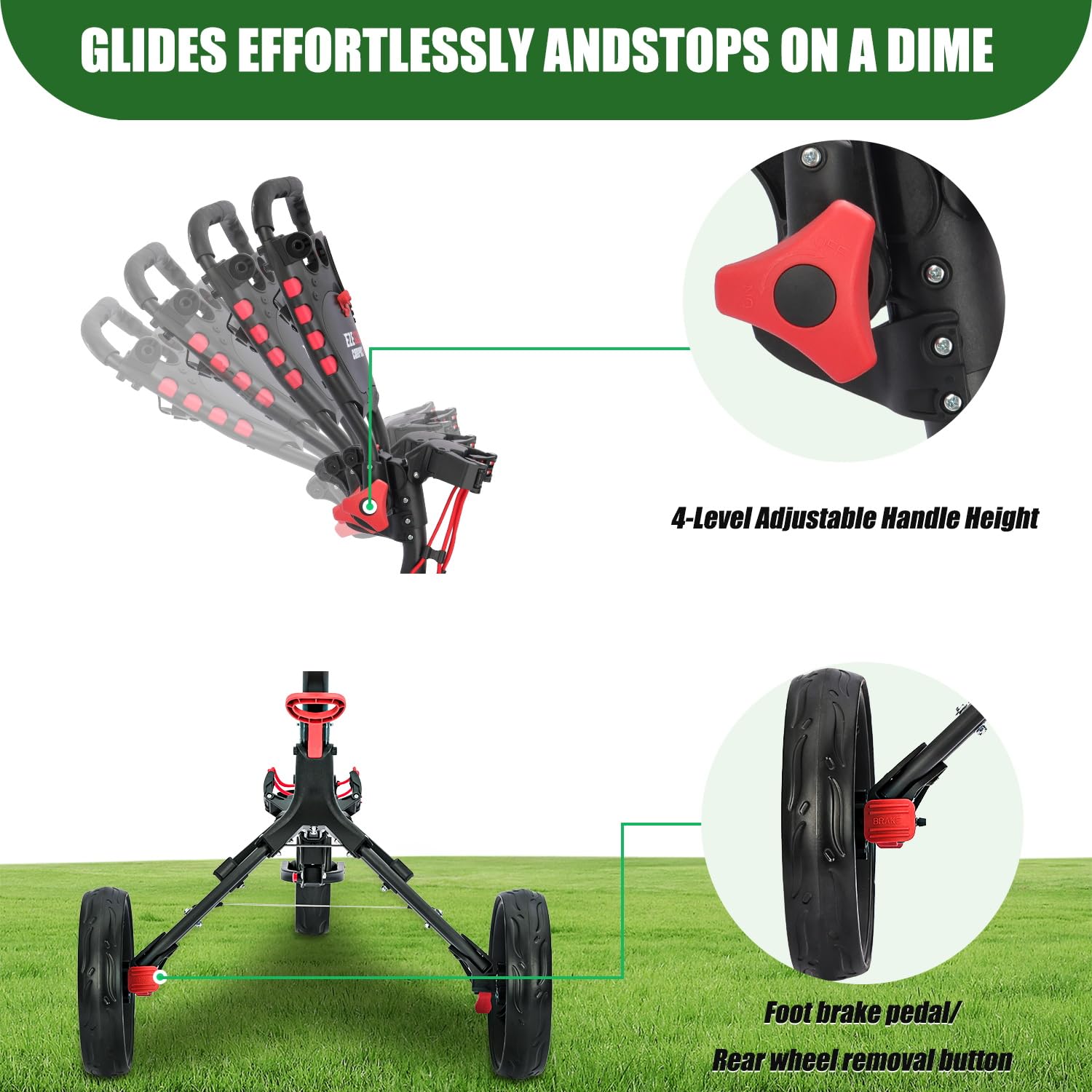 XDriveMax Golf Trolley 3 Rad,Golftrolley Klappbar,Leichter Golf Trolleys für Golfschläger und Golfbag, mit Getränkehalter,Scorekartenhalter und Ablagefach(Grün)