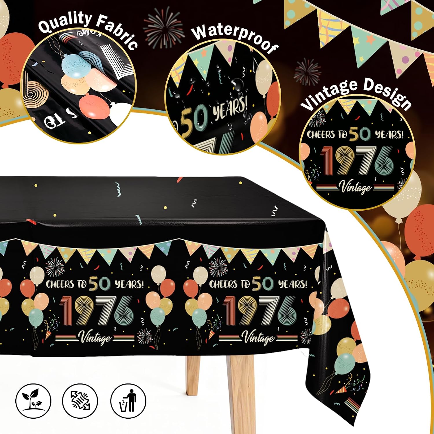 3PCS Vintage 50th Birthday Tablecloths, 1976 Theme Cheers to 50 Years Table Covers for Men Women, 1976 Retro 54" x 108" Table Cloth Plastic Rectangular, Happy 50th Birthday Anniversary Party Supplies