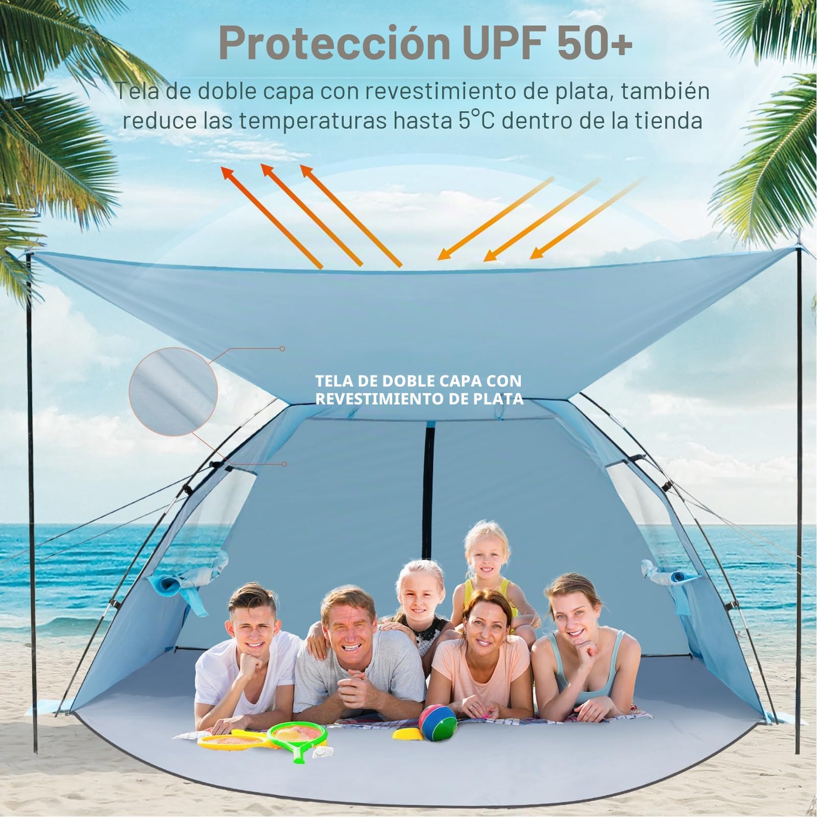 Elegear Tienda de Playa para 6-8 Personas, Tienda de Campaña Protección UV UPF 50+ Portable Canopy con Bolsa de Transporte Refugio Playa Familiar para Varar Parque Camping Pesca, 260x165x150cm, Azul