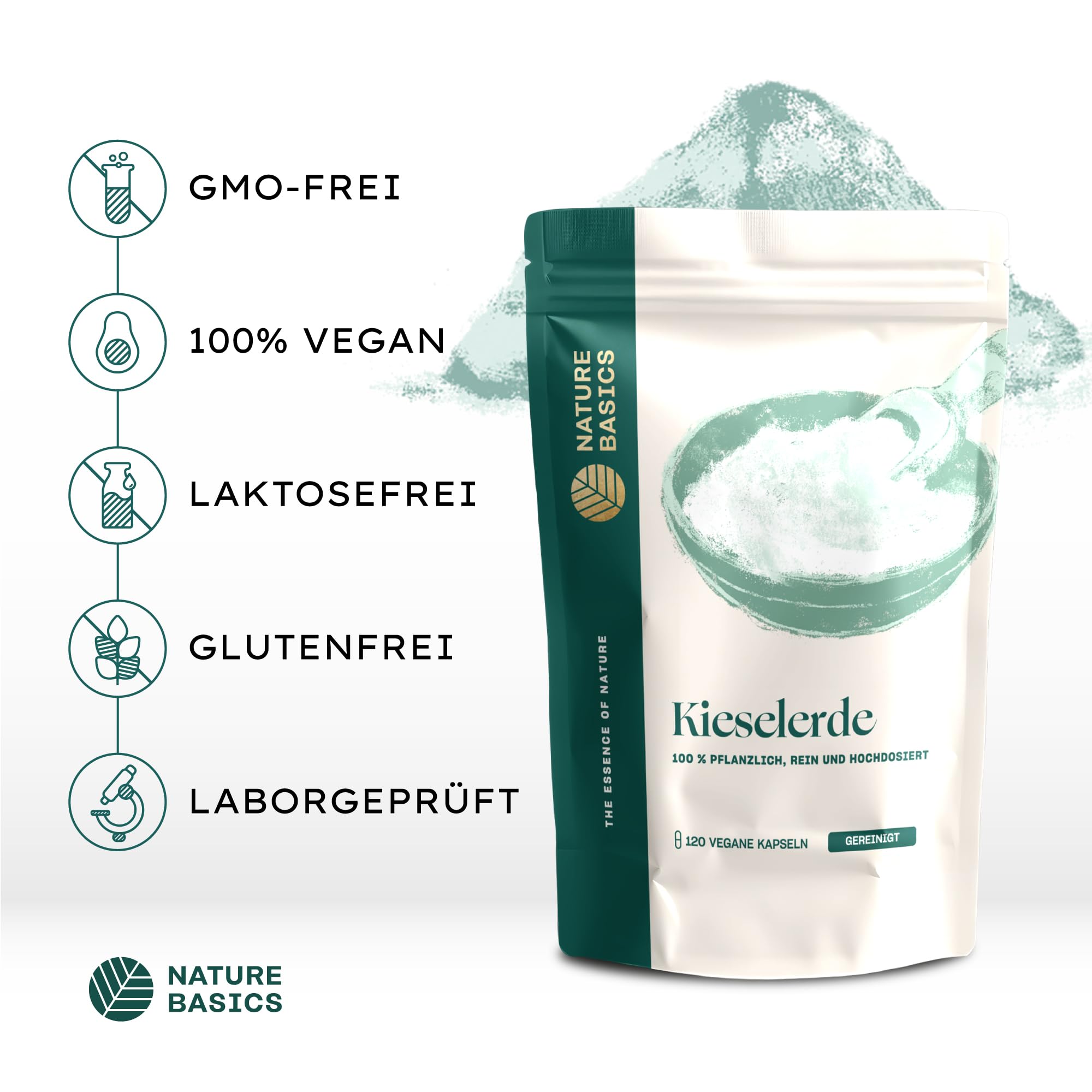 Nature Basics Kieselerde Kapseln hochdosiert | 120 Stück | nachhaltig, laborgeprüft & aus Deutschland | Silizium für Haare, Nägel, Haut & Bindegewebe | vegan, gluten- und laktosefrei