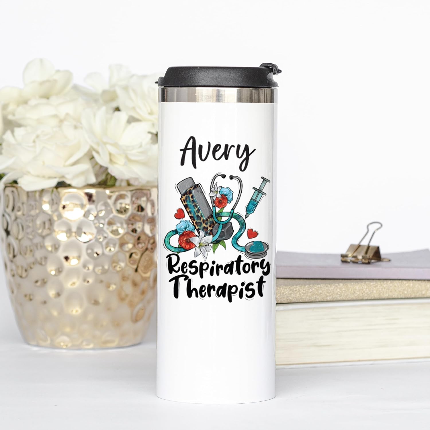 Respiratory Therapist Skinny 14oz Sublimation Coffee Tumbler, Gift for Future RT, Respiratory Practitioner, Stainless Steel Gift for Grad Student, Birthday Cup for Her, Vacuum Insulated Mug