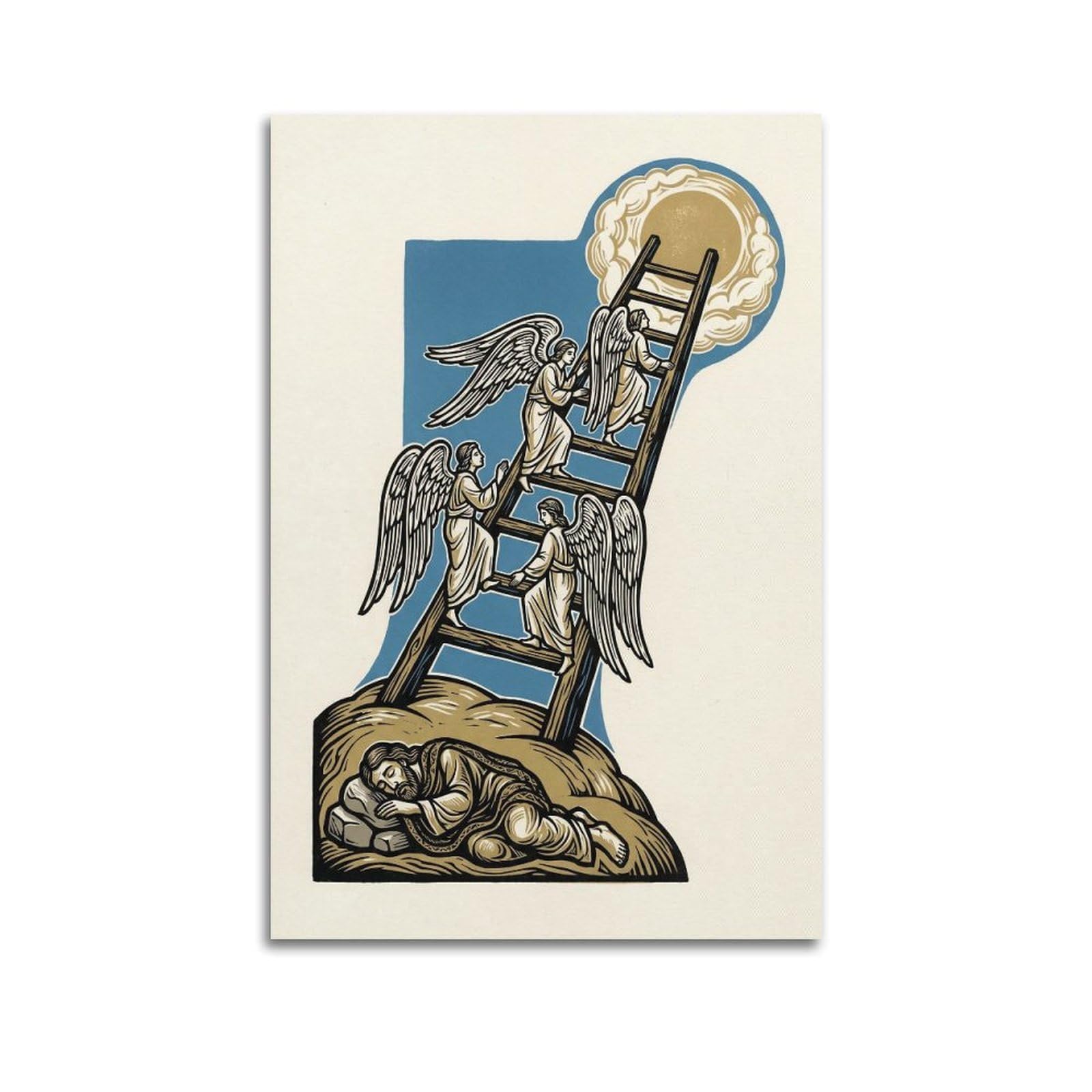 OKNGB Bible Angel Poster Jacob Ladder Sky Blue Gold Heavenly Vision Decorative Painting Canvas Art Picture 24x36inch(60x90cm)