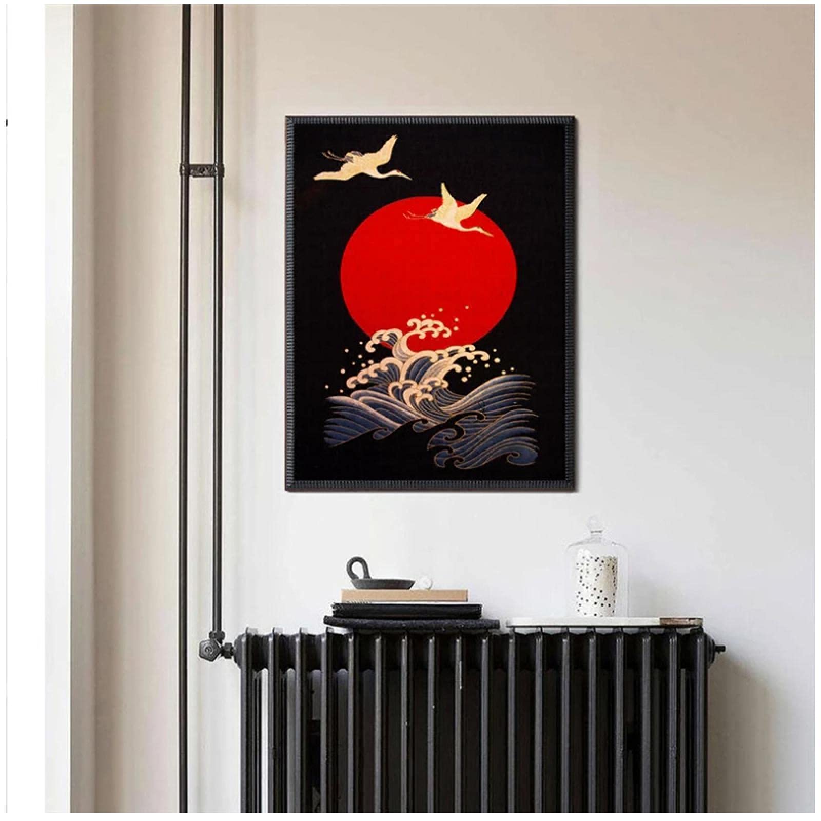波と赤い太陽の日本画 木製フレーム付き Amazon｜浮世絵オーシャンウェーブアート写真ヴィンテージ赤い