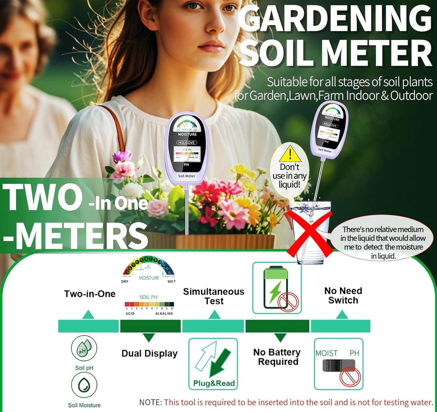 HSLGOVE Soil Test Kit, 2-in-1 Soil Moisture Meter/Soil PH Meter, Dual Screen Soil Tester, Soil Moisture Meter for Plants Watering/Gardening for Lawn,Farm Indoor&Outdoor Use-Purple