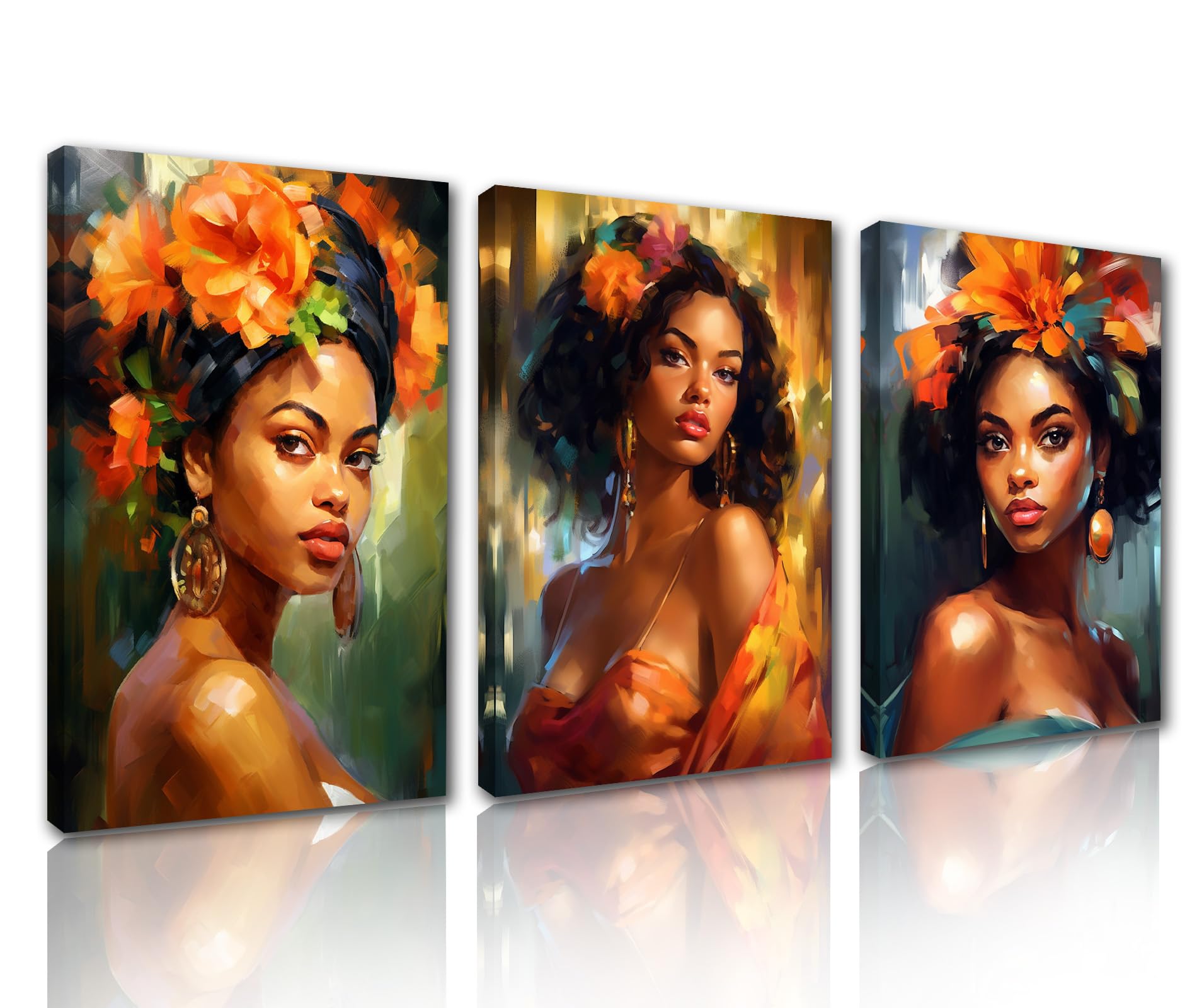 Tucocoo 3 Piece Canvas Wall Art Beautiful Black Girl Picture African American Women Portrait Paintings Contemporary Artwork Home Decor for Living Room Framed Gallery-wrapped Ready to Hang 42''Wx20''H — image 1