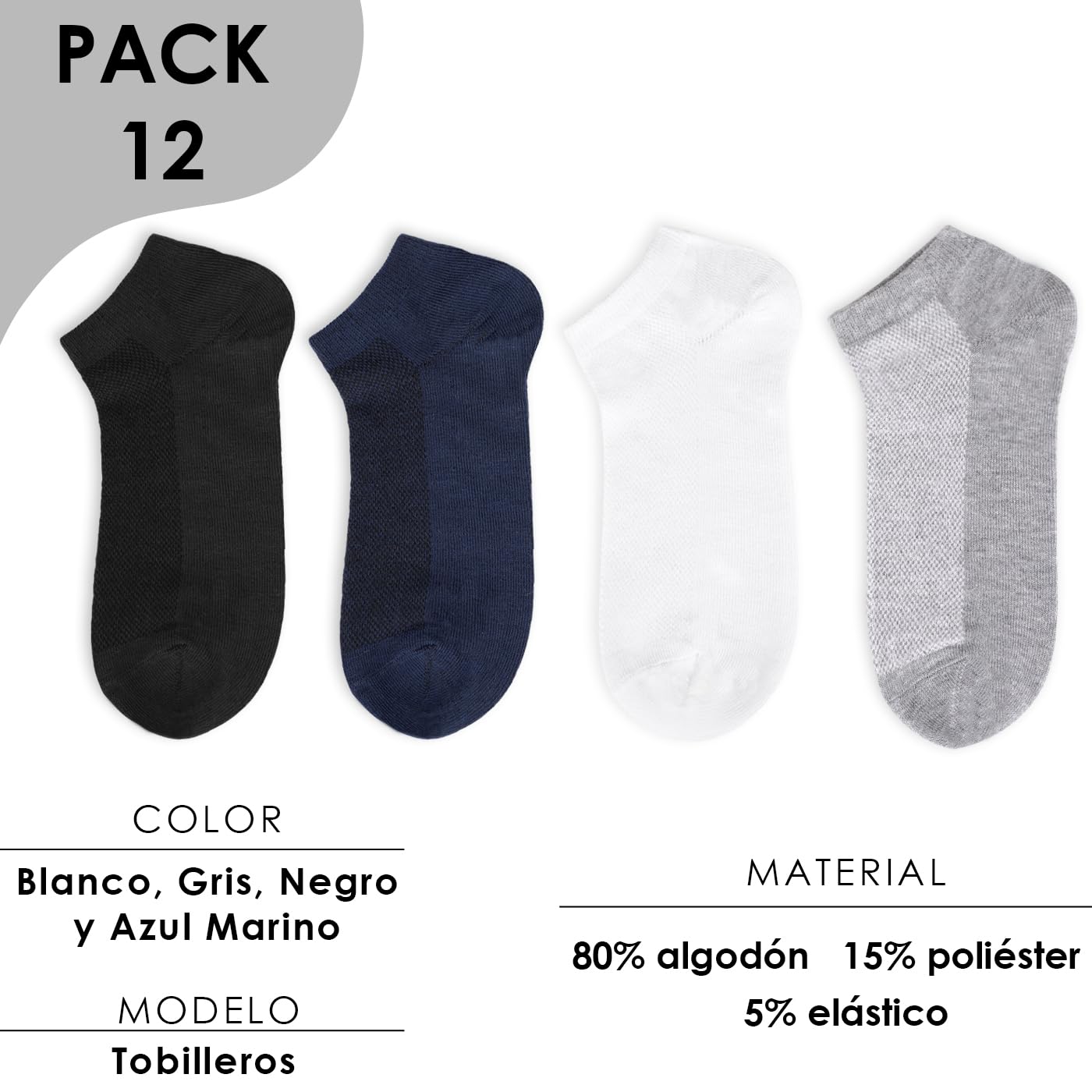 ACCRUX - 12 Pares de Calcetines Tobilleros para Hombre y Mujer, Unisex Tobilleros de Algodon Suaves y Transpirable con Puntera Reforzada
