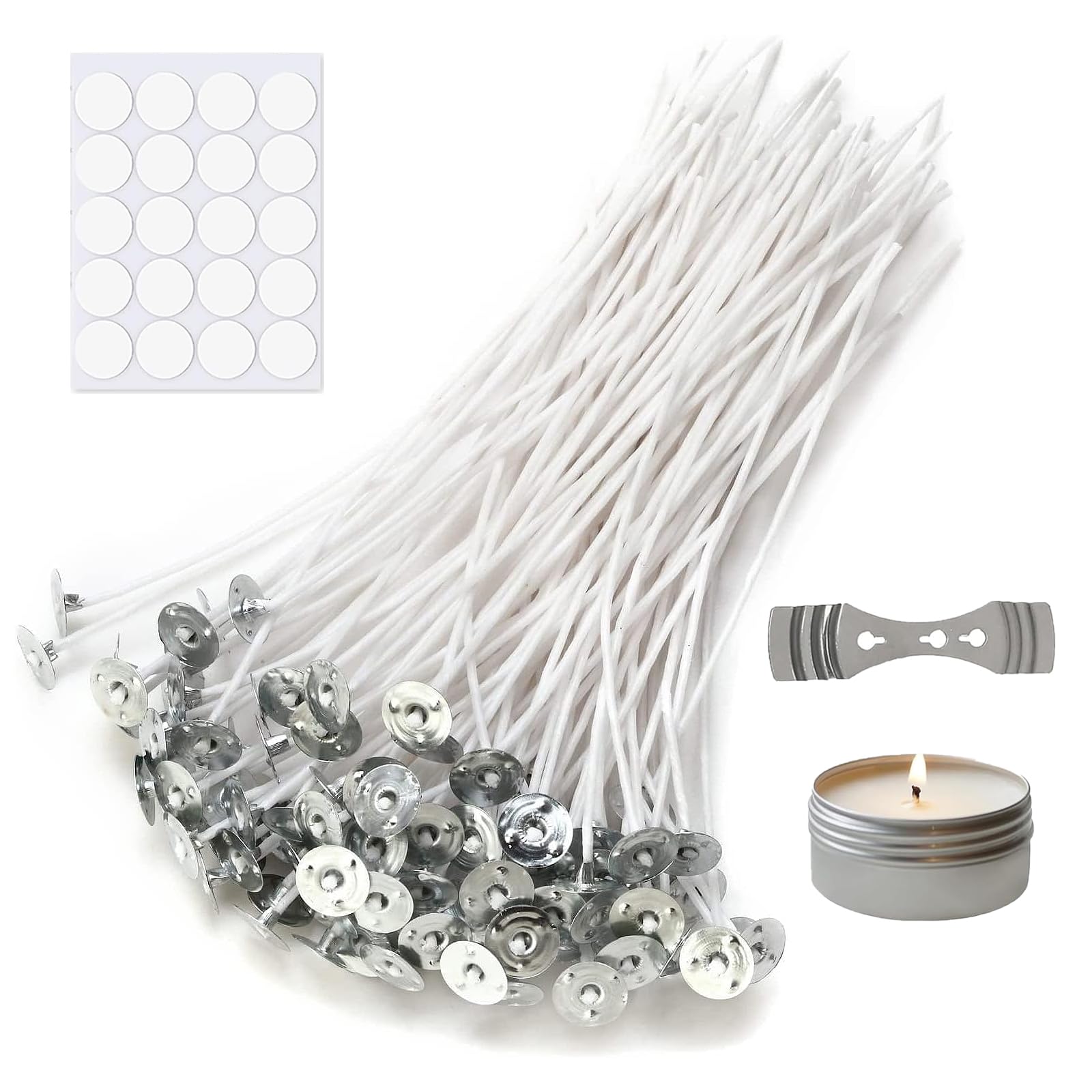 100 Pcs Candle Wicks for Making Candles, Candle Wick 10cm Long Pre Waxed Candle Wicks, with Metal Tab 3 Hole Wick Holder, Low Smoke Longer Burning Time for DIY Candles