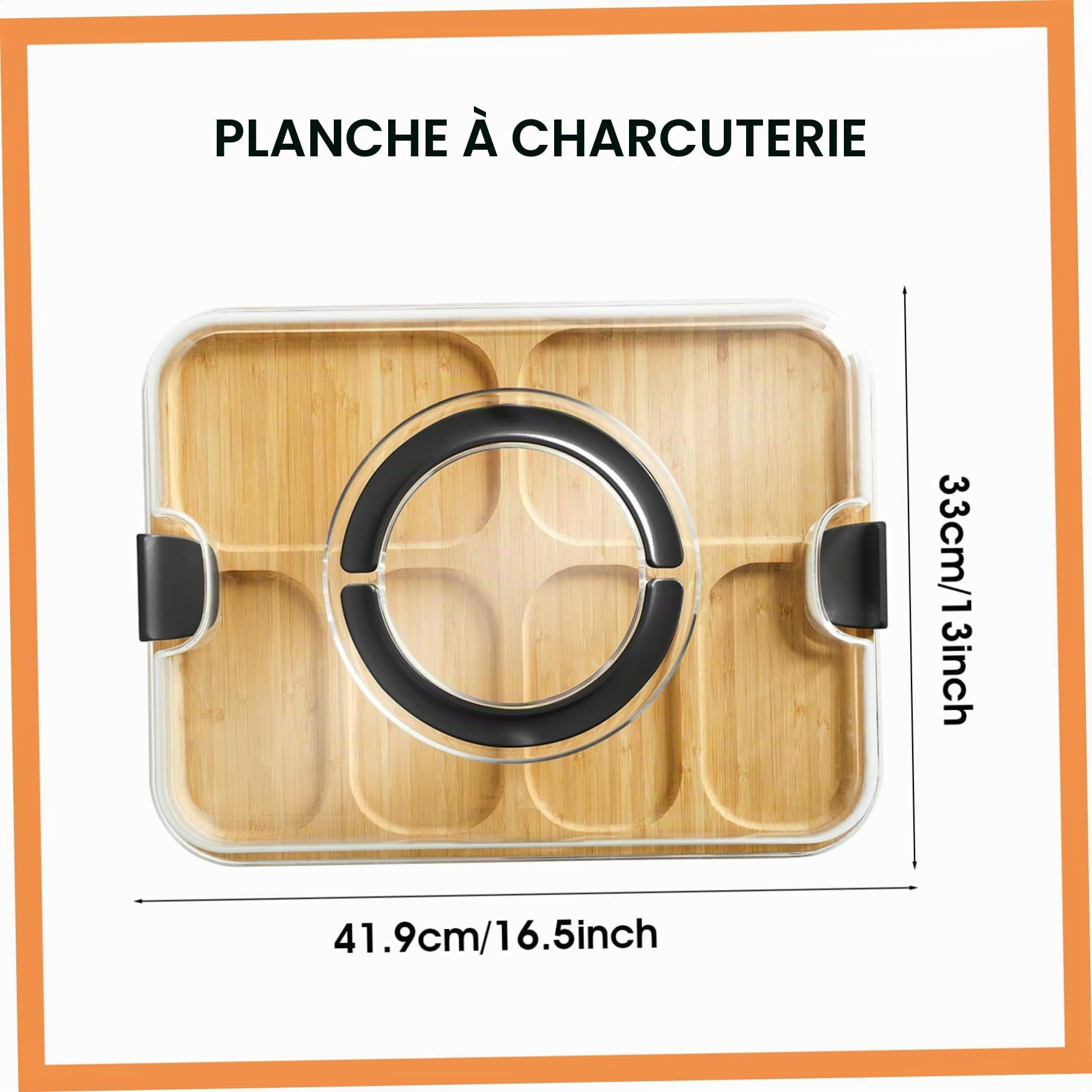 Planche à charcuterie avec Couvercle, Planches à charcuterie en Bambou avec Couvercle Transparent, poignées, Plateau de Service 6 Compartiments pour la Cuisine, collation