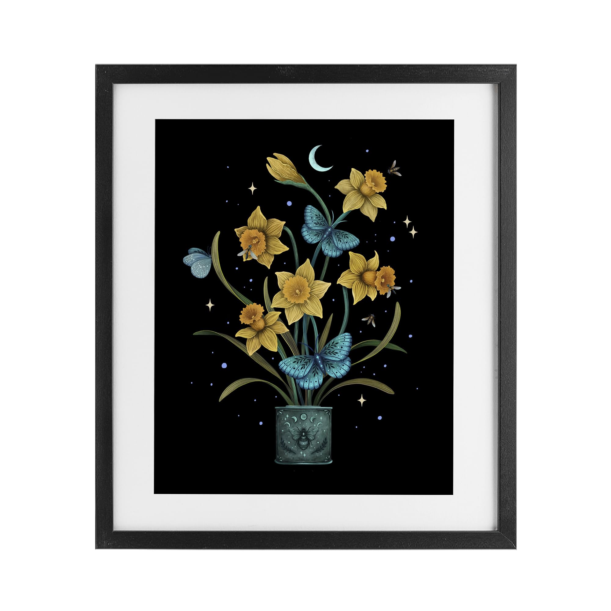 Stupell Industries Midnight Black (Textured) 'Mystical March Daffodils', Framed Print Under Glass, Black, 17 X 21 Inches, Easy To Hang And Sturdy, Made In Usa, By Episodic Drawings