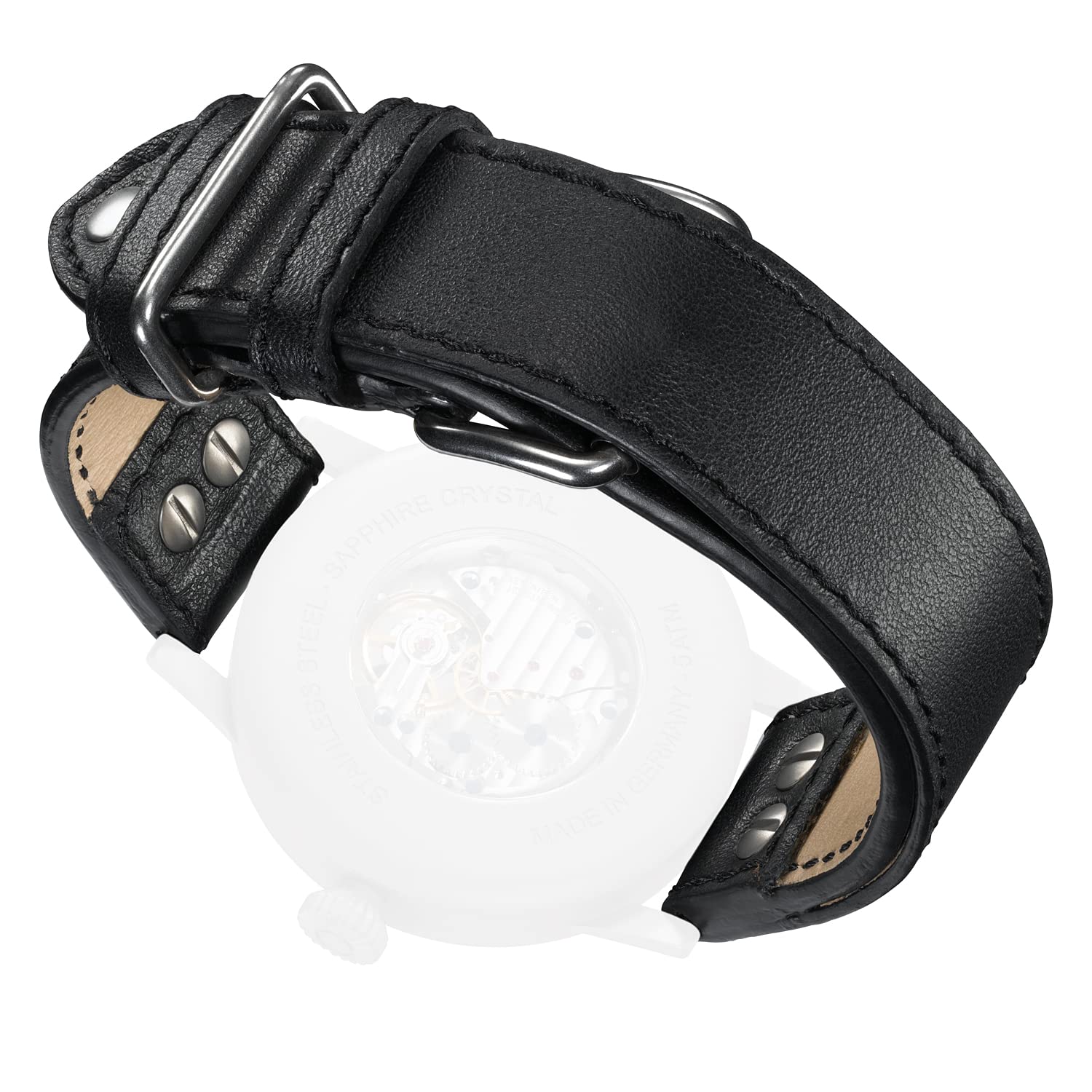 Laco Fliegeruhren Lederband – Beobachtungsuhren – XL 20 mm – geschlossen – Schwarz – Nieten – Ersatzband – Einzigartige Qualität – Herausragende Verarbeitung