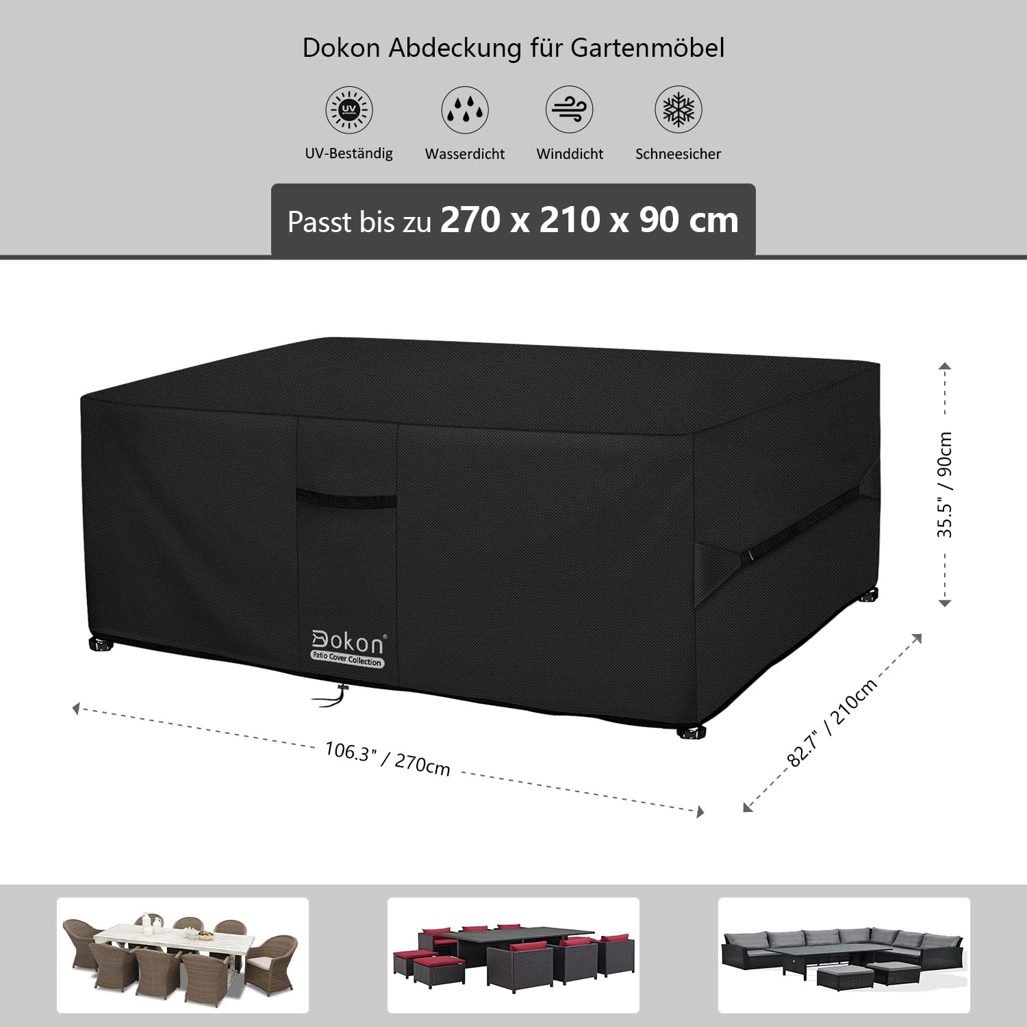 Dokon Abdeckung für Gartenmöbel Wasserdicht, 270x210x90cm, Gartentisch Schutzhülle mit Belüftungsöffnungen, Robustes 420D Oxford-Gewebe Staubfest Anti-UV Abdeckplane für Terrassenmöbel, Sitzgruppe