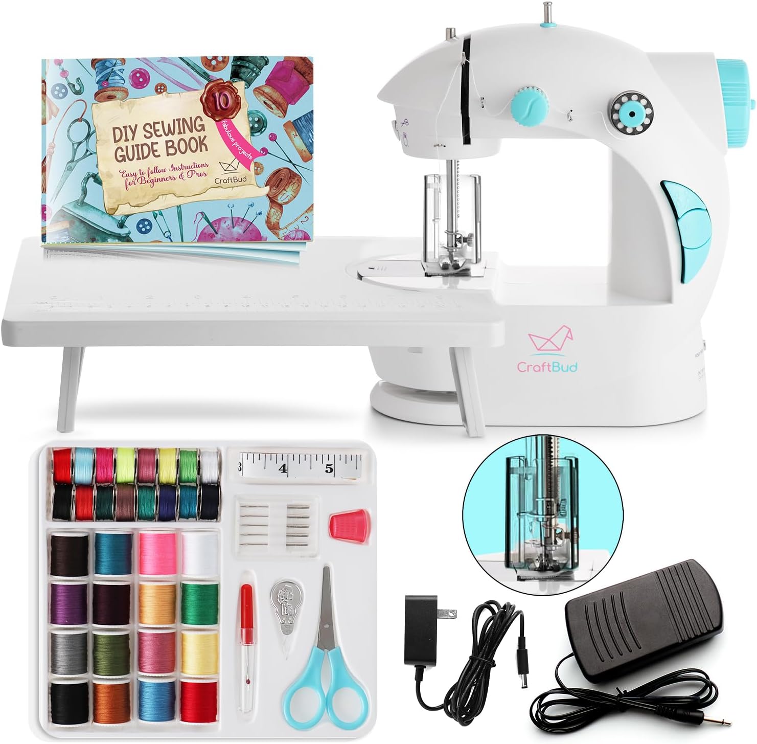 - CraftBud Mini Sewing Machine for Beginners, Dual Speed Small Portable Sewing Machine for Kids and Adults with Extension Table, 48 Piece Gift Set Includes, Pedal, Projects Book, Light and More, White