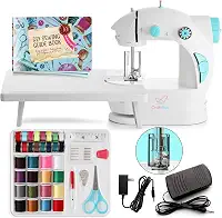 CraftBud Mini máquina de costura para iniciantes com kit de costura, máquina de costura portátil de 48 peças, kit de máquina de costura pequena para viagem, máquina de costura infantil com idades de 8 a 12 anos com livro de costura DIY e mais