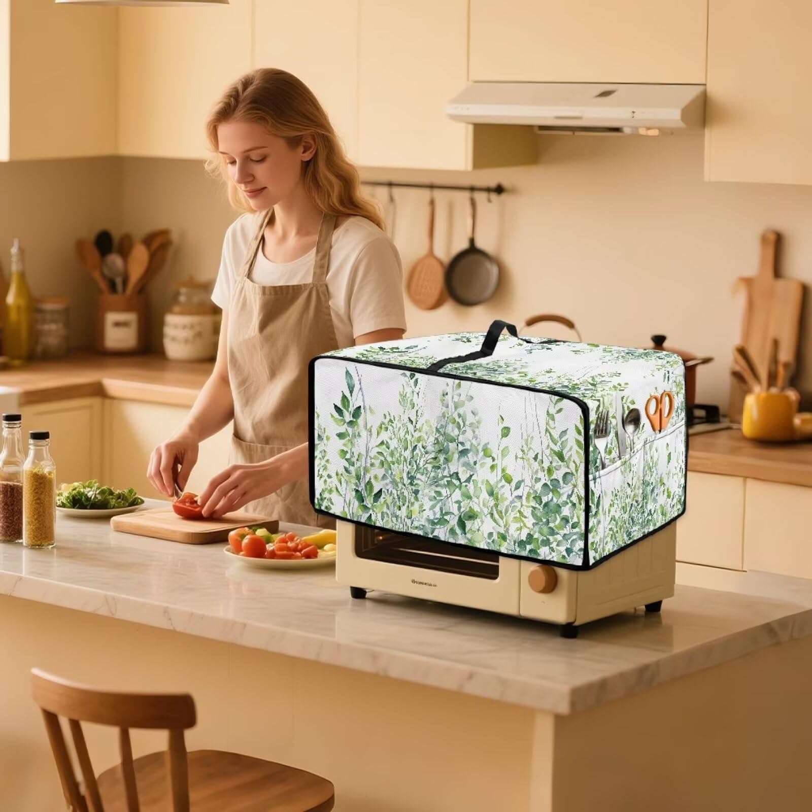 Wanyint Small Appliance Cover for Toaster Oven with Accessory Pockets Stain-Resistant Dust-Proof Microwave Oven Small Appliance Cover Case, 22.5 x 18.5 x 13 Inches, Leaf Green White
