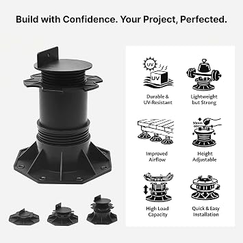 Nicoman Adjustable Deck Support Pedestal, Black, Plastic, for Elevated Decking and Joist Systems (Deck Pedestal - 10 Pack, 60-140mm)