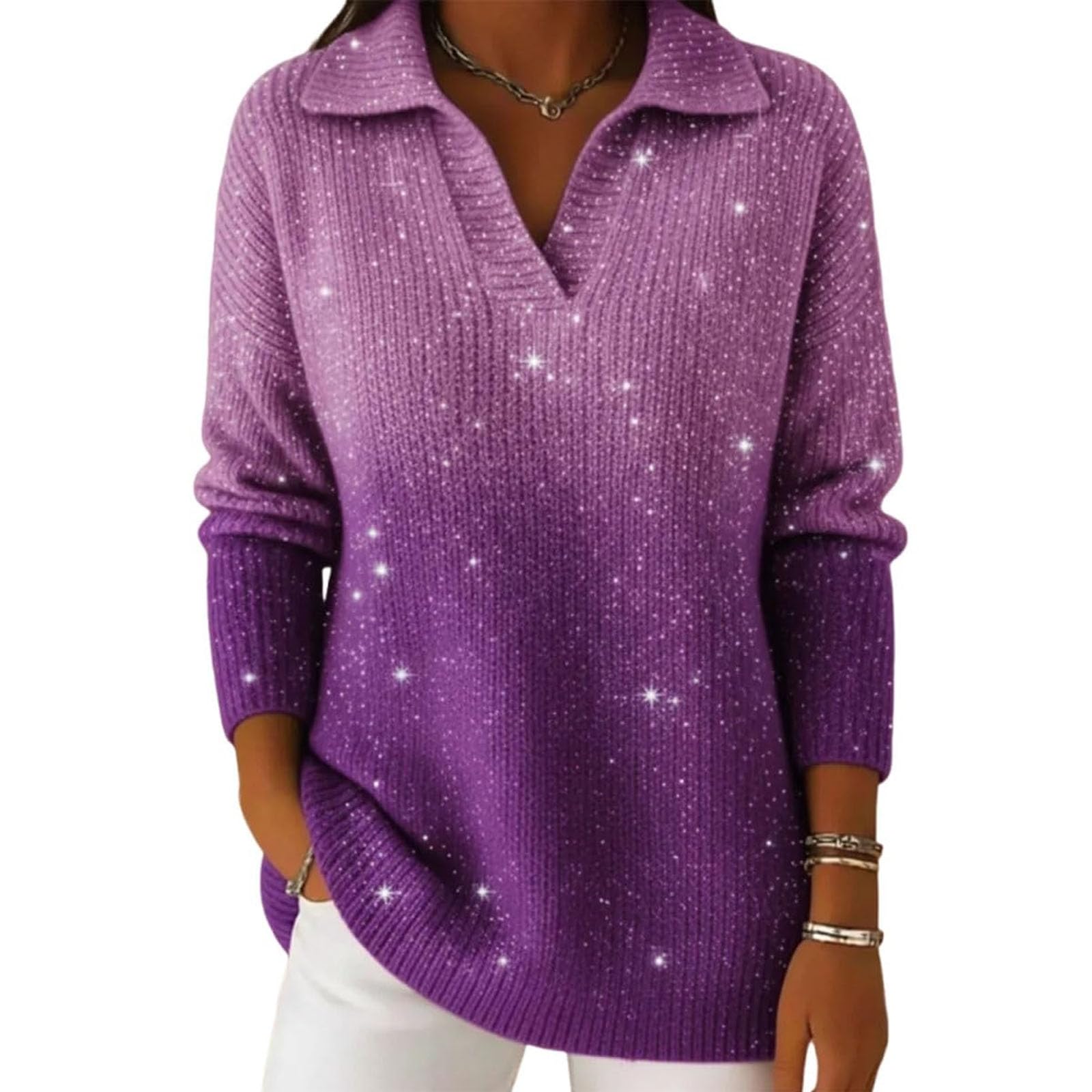 Dreamy Starry Sky Gradient Polo Collar Knit Sweater Top Womens Christmas Party Polo Collar Shiny Loose Sweater Top