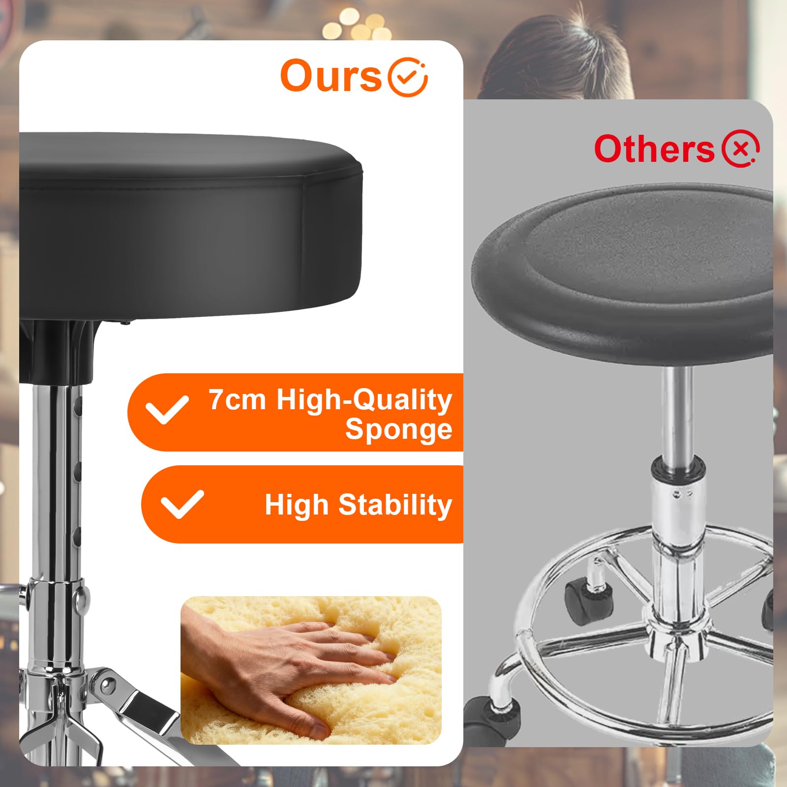 AKOZLIN Drum Throne, sgabello per batteria regolabile in altezza da 42 a 56 cm, con piedini antiscivolo, sedile pieghevole imbottito con bacchetta, per bambini e adulti