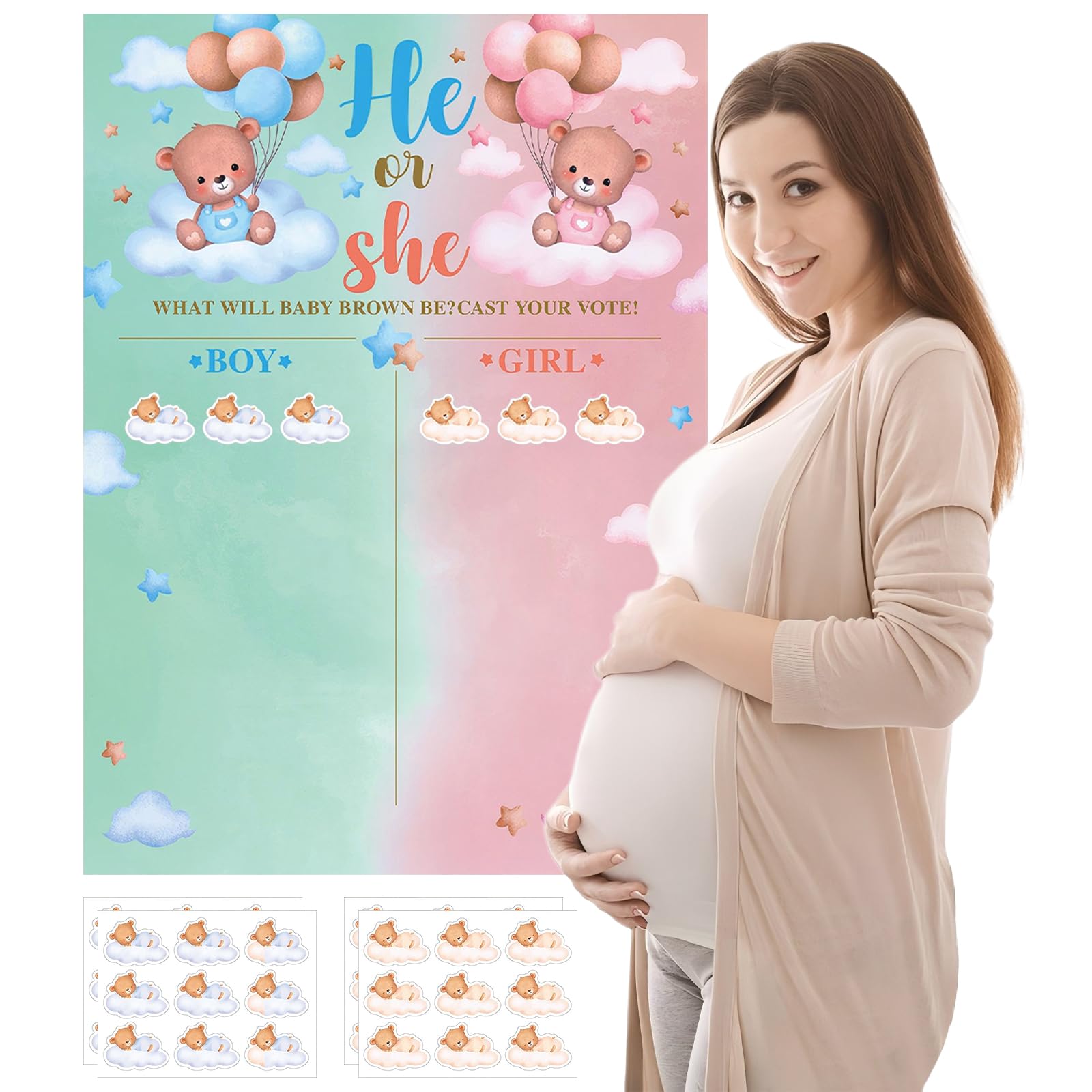 36pcs Gender Reveal Stickers with Reveal Poster, Baby Gender Reveal Creative Voting Game Boy or Girl Baby Gender Reveal Party, Gender Reveal Voting Stickers for Baby Shower Party (Color A)