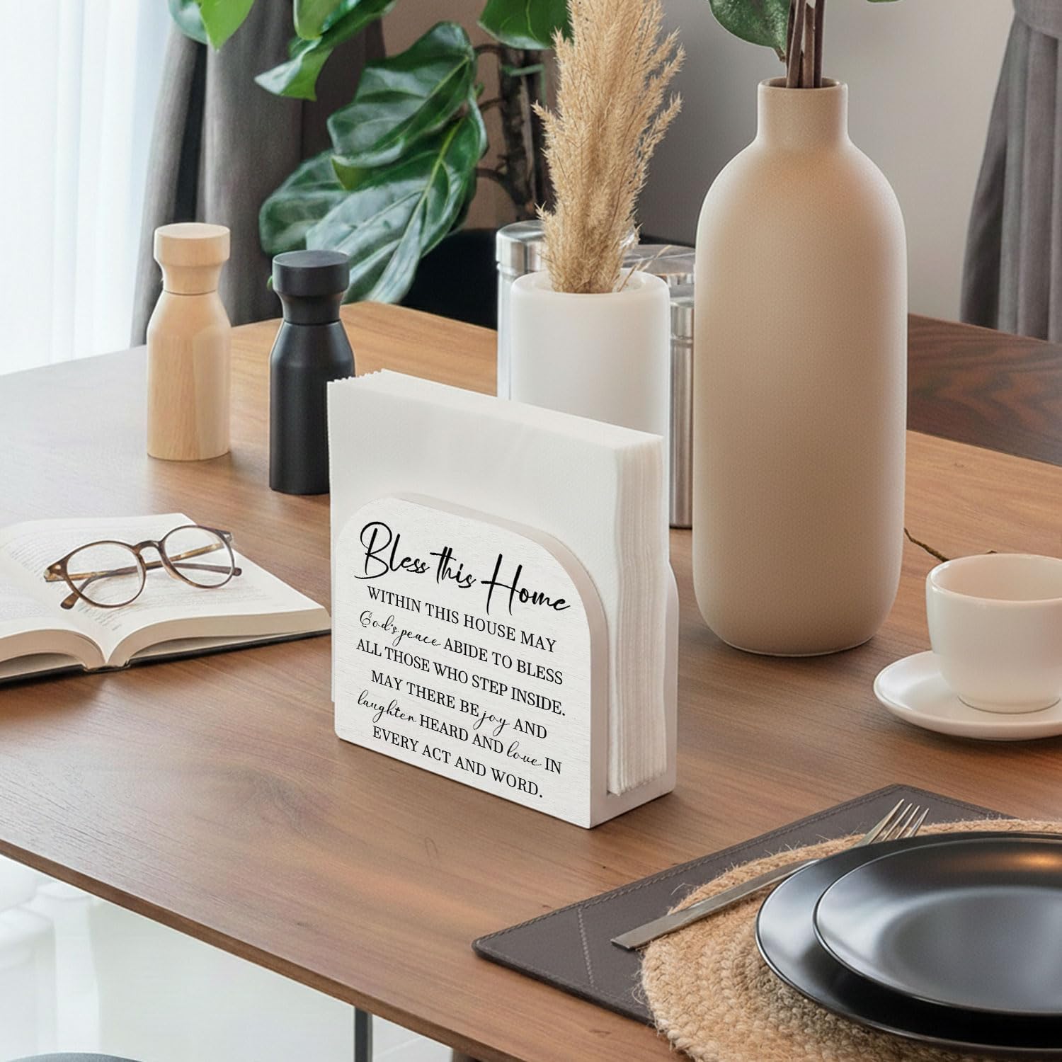Bless This Home Wood Napkin Holder, Home Blessing Housewarming Wooden Standing Napkin Dispenser for Table Kitchen Dining Room Party Cafe Bar Decorations